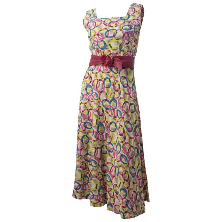 50s Seersucker Print Summer Dress with Belt In Good Condition In San Francisco, CA