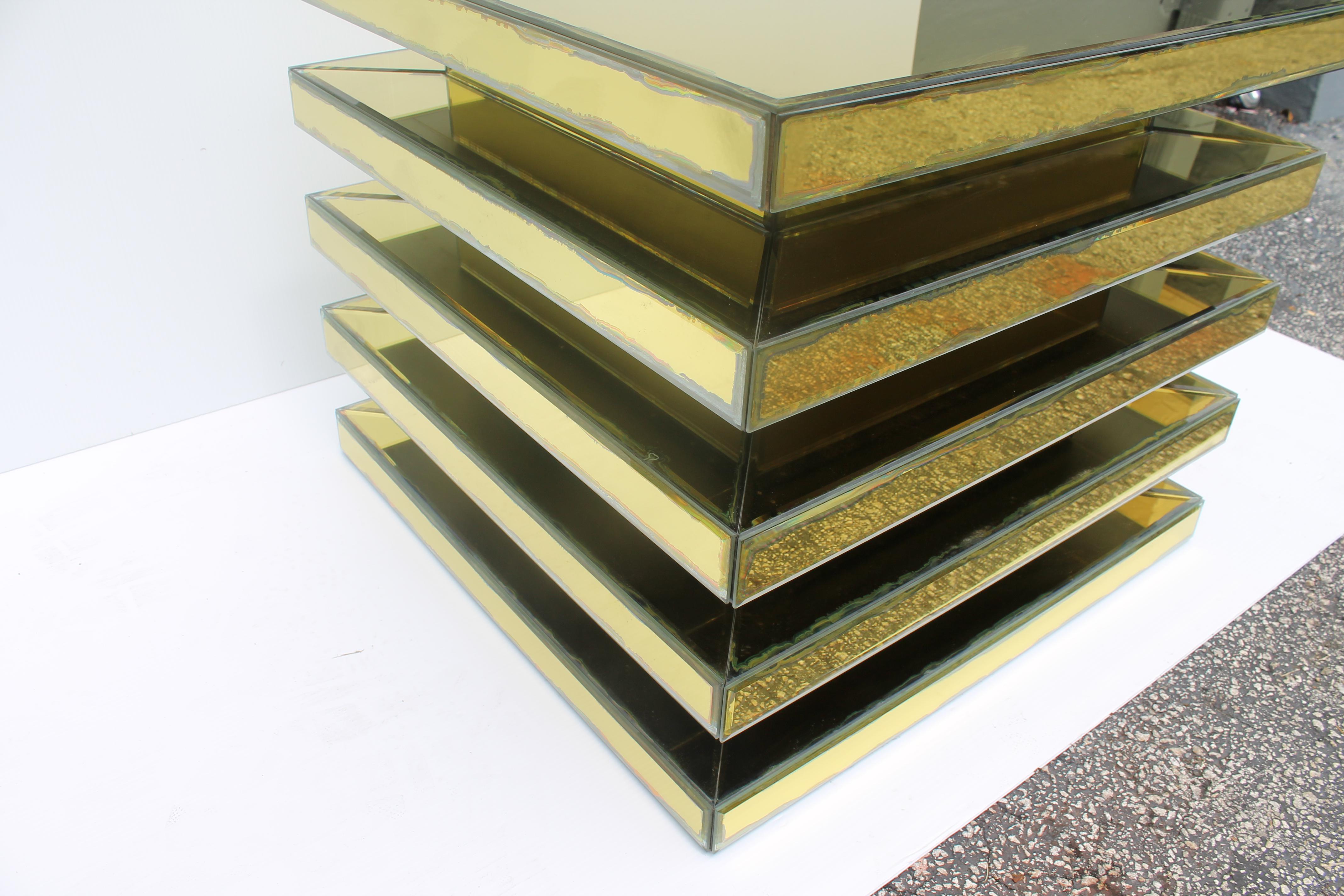50's Set of 4 Mid Century Modern Antiqued Gold Fully Mirrored Accent/ End Tables For Sale 3