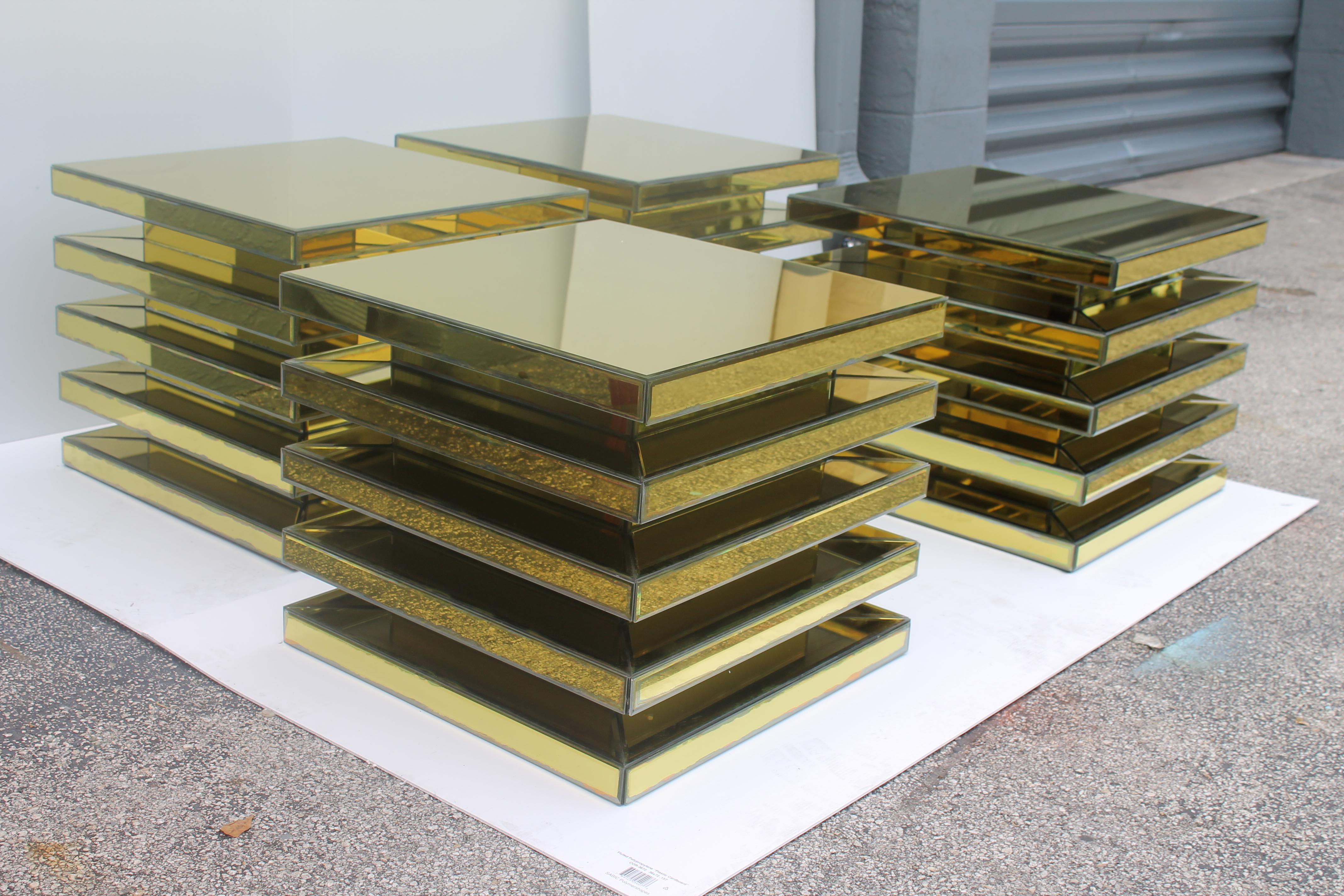 Art Glass 50's Set of 4 Mid Century Modern Antiqued Gold Fully Mirrored Accent/ End Tables For Sale