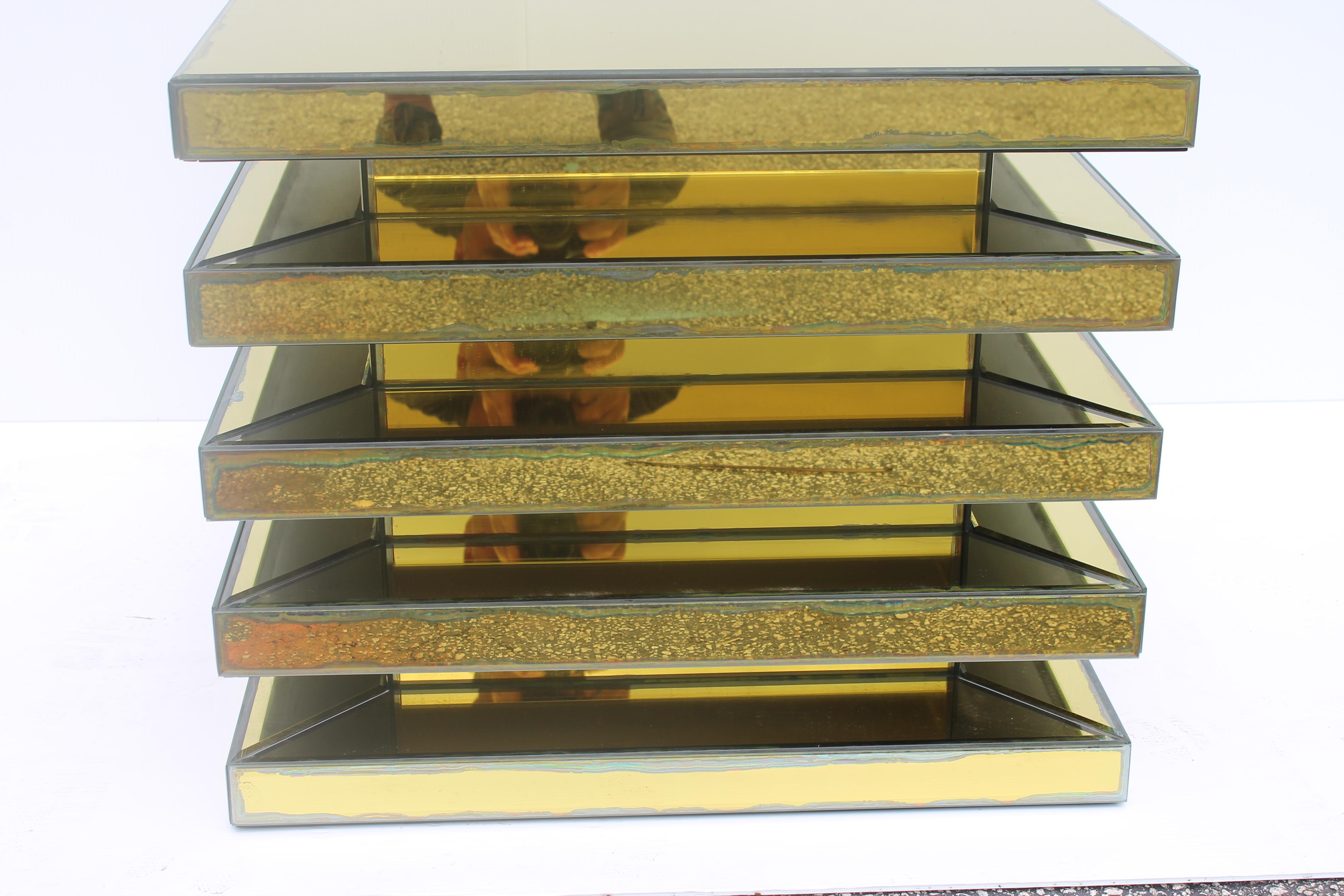 50's Set of 4 Mid Century Modern Antiqued Gold Fully Mirrored Accent/ End Tables For Sale 1