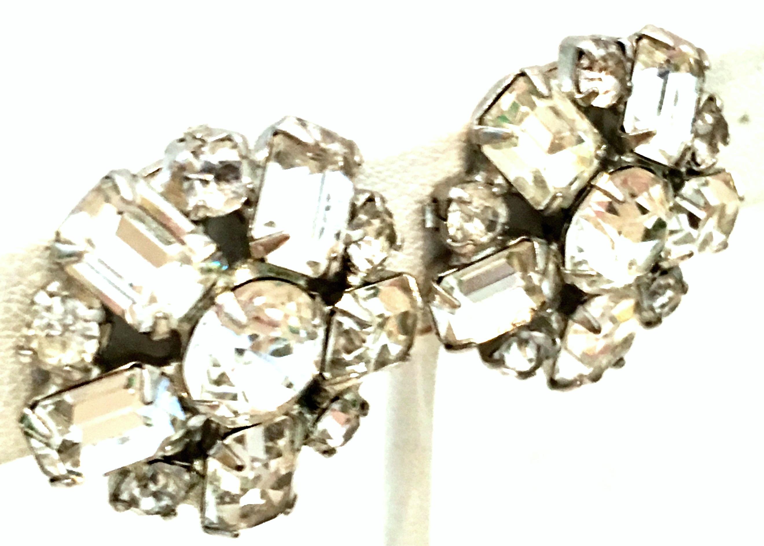 Women's or Men's 50'S Silver & Austrian Crystal Abstract Flower Earrings By, Weiss