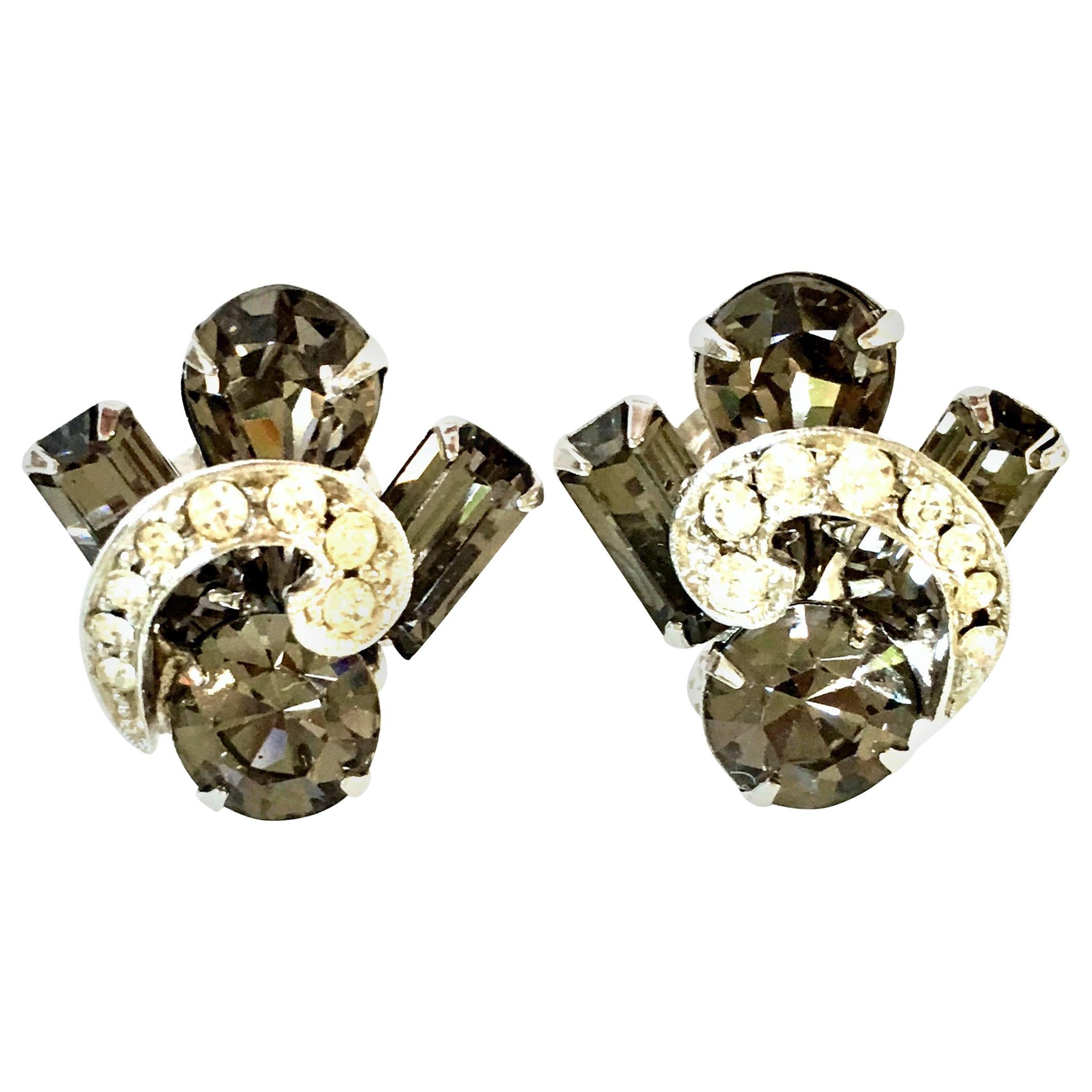 50'S Silver & "Black Diamond" Austrian Crystal Earrings By, Weiss For Sale
