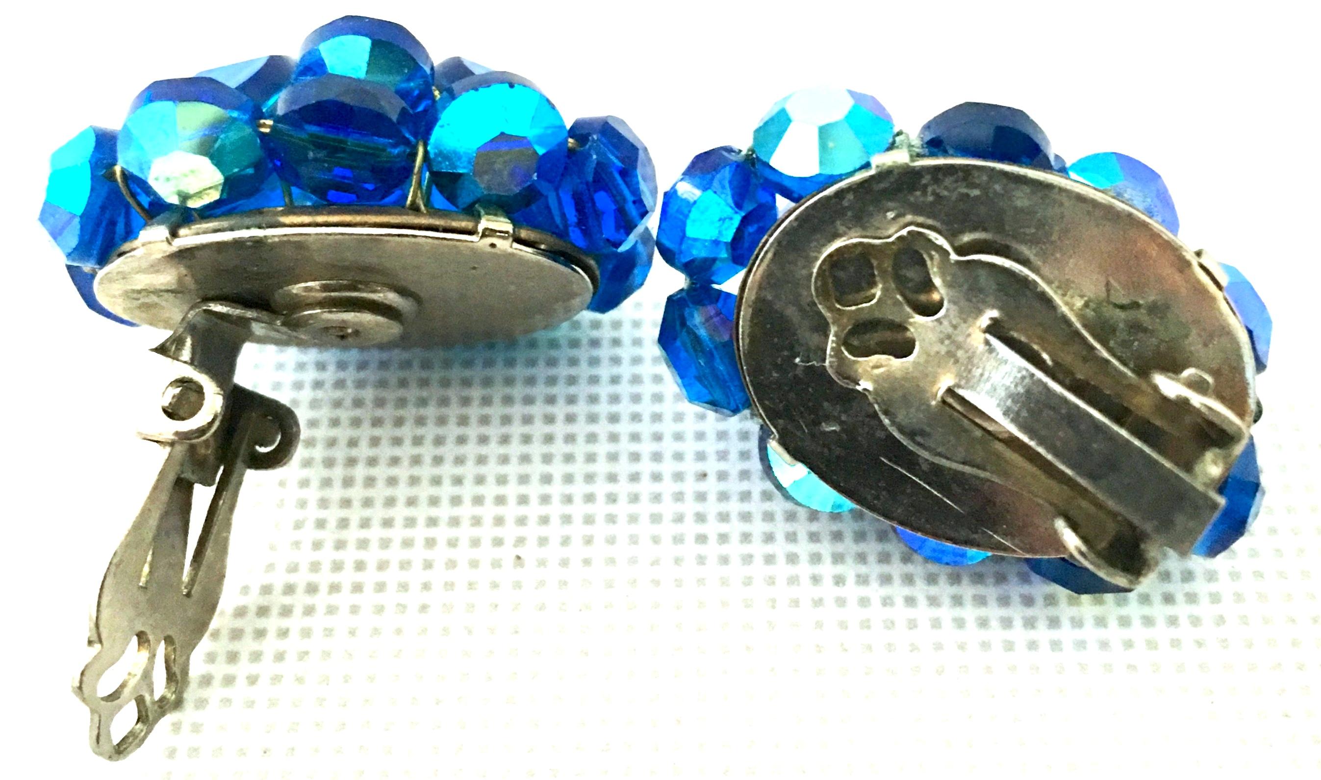 Women's or Men's 50'S Silver & Peacock Blue Art Glass Bead & Swarovski Crystal Rivoli Earrings For Sale