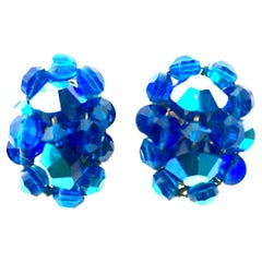 50'S Silver & Peacock Blue Art Glass Bead & Swarovski Crystal Rivoli Earrings