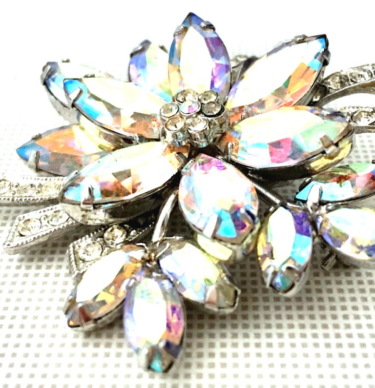 50'S Silver and Swarovski Crystal Abstract Flower Brooch