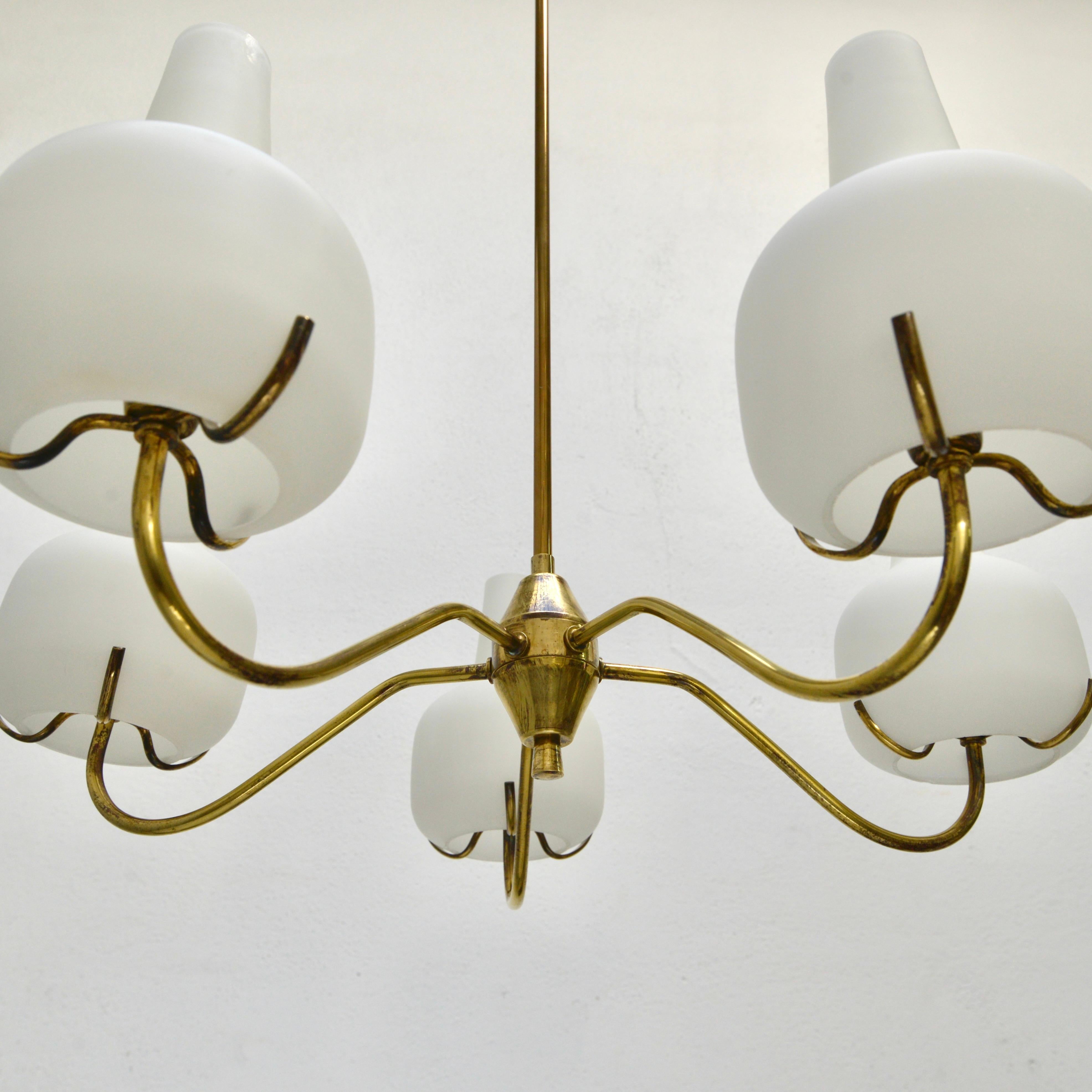 Of the period mid century Italian 5 shade 1950s chandelier by Stilnovo. Naturally aged brass of many years and hand blown glass shades of the period. Wired with 5-E12 candelabra based sockets. Wired for use in the US. Light bulbs included with