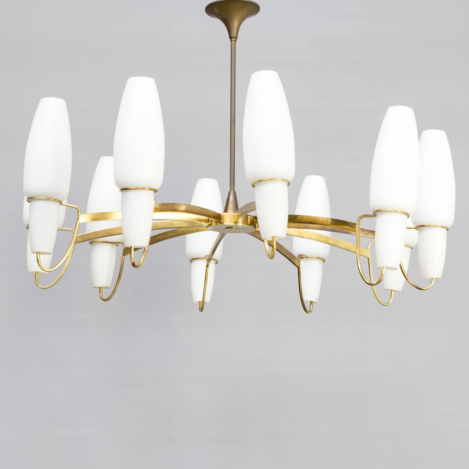 Italian 1950s Brass rare Opaline Glass Pendant Hanging Lamp For Sale