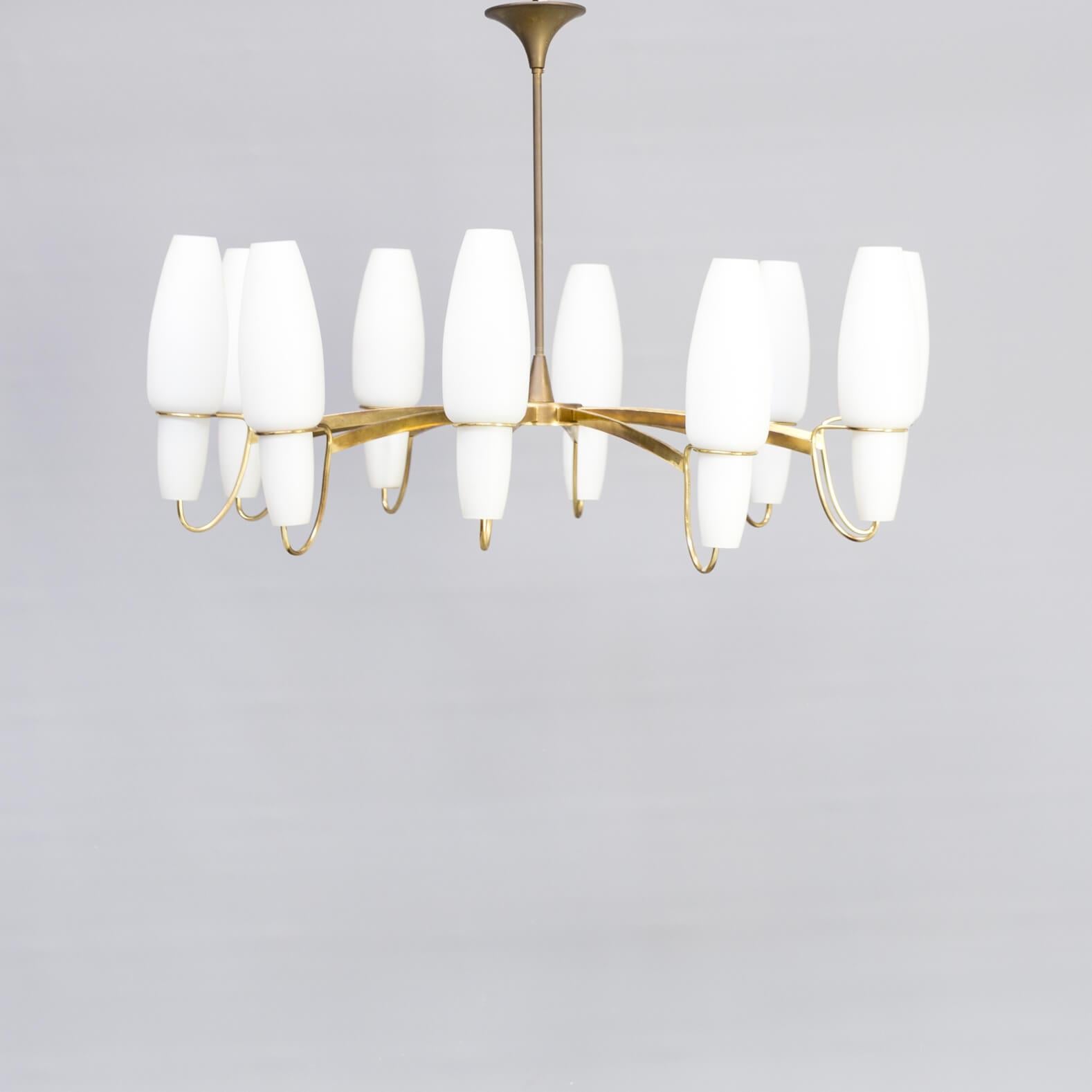 1950s Brass rare Opaline Glass Pendant Hanging Lamp In Good Condition For Sale In Amstelveen, Noord