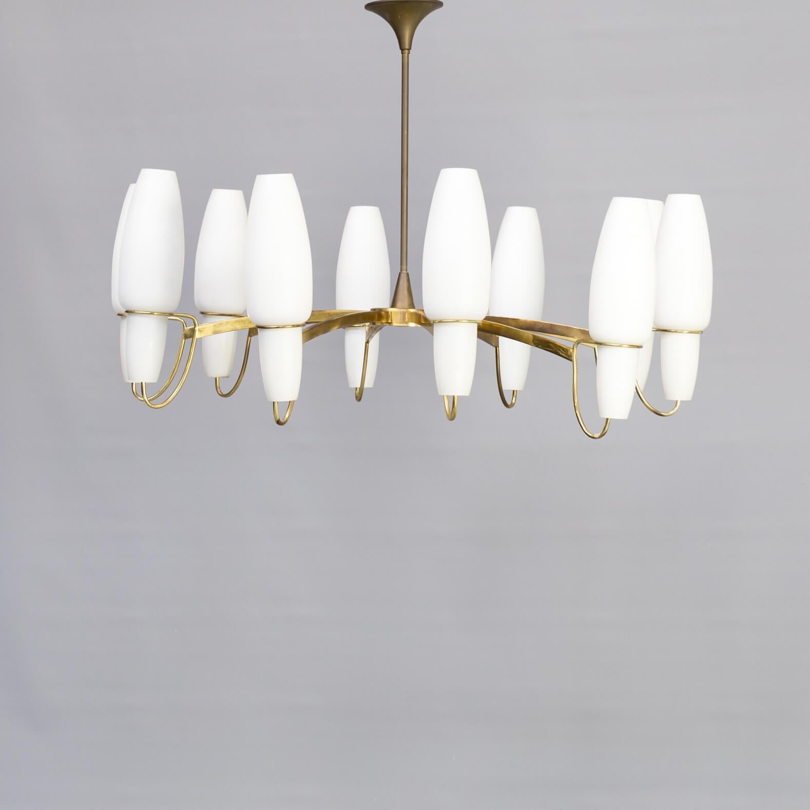 Mid-20th Century 1950s Brass rare Opaline Glass Pendant Hanging Lamp For Sale