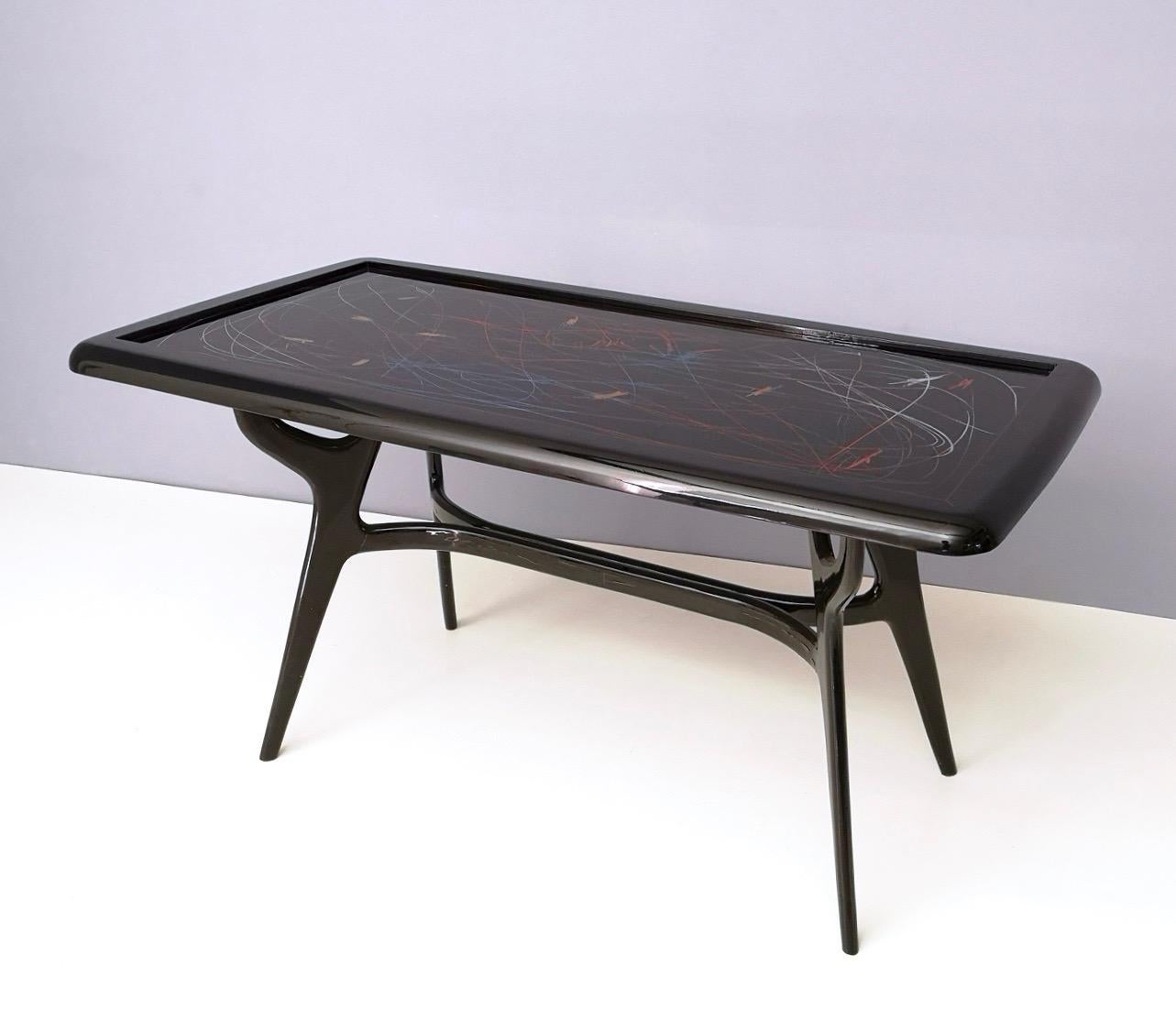 Ebonized 1950s Style Dining Table with Glass Top Lacquered by Enzio Wenk, Italy, 2019 For Sale