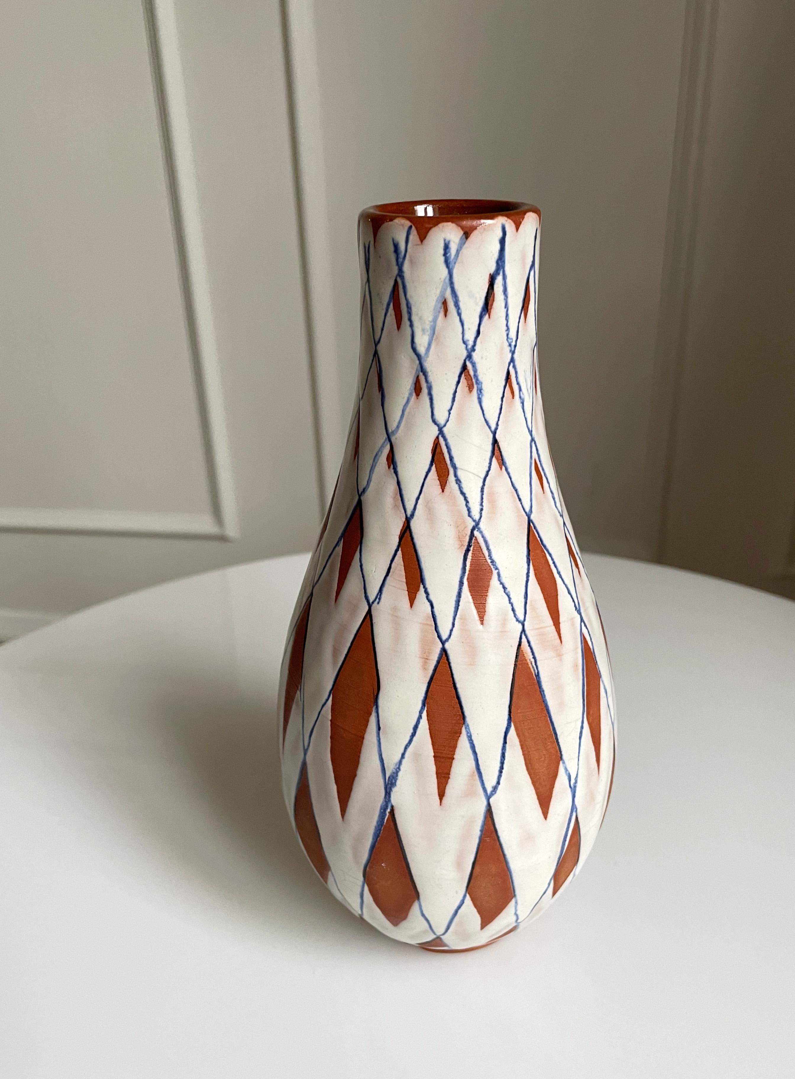 Mid-Century Modern 1940s Gabriel Keramik Swedish Checkered Stripes Vase For Sale