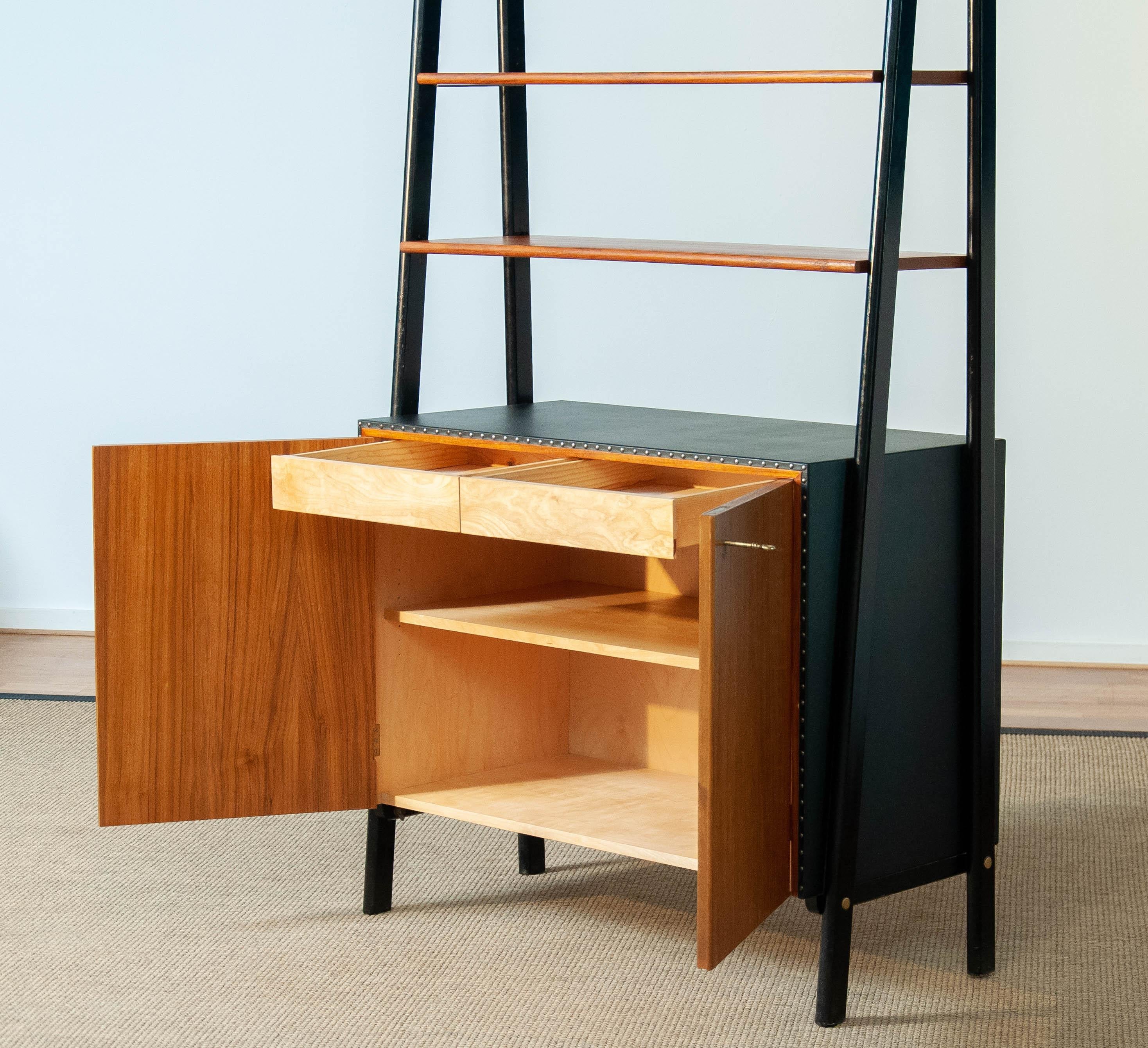 50s Teak and Nailed Black Faux Leather Bookcase and Cabinet by Bertil Fridhagen 4