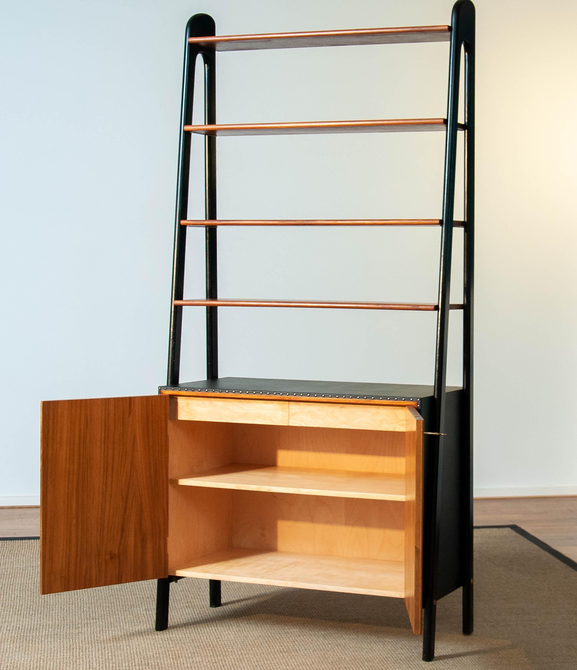 50s Teak and Nailed Black Faux Leather Bookcase and Cabinet by Bertil Fridhagen 6