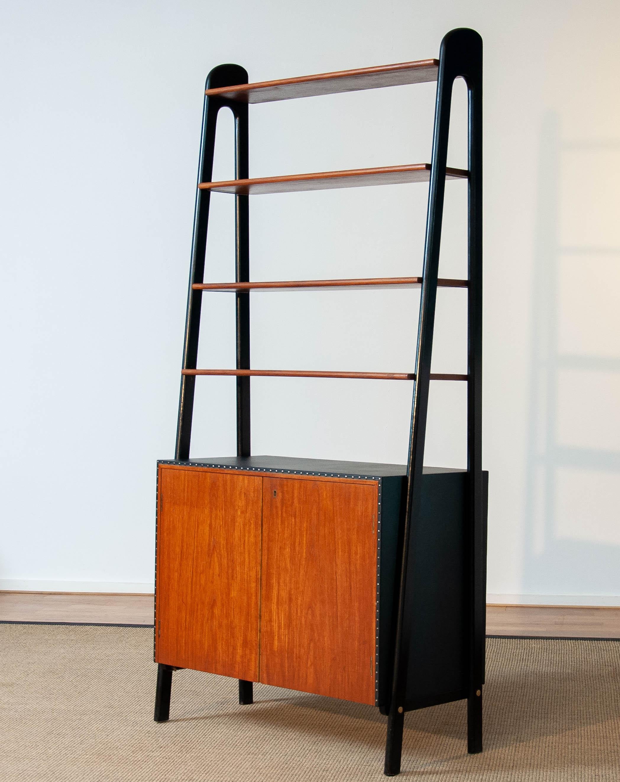 50s Teak and Nailed Black Faux Leather Bookcase and Cabinet by Bertil Fridhagen 7