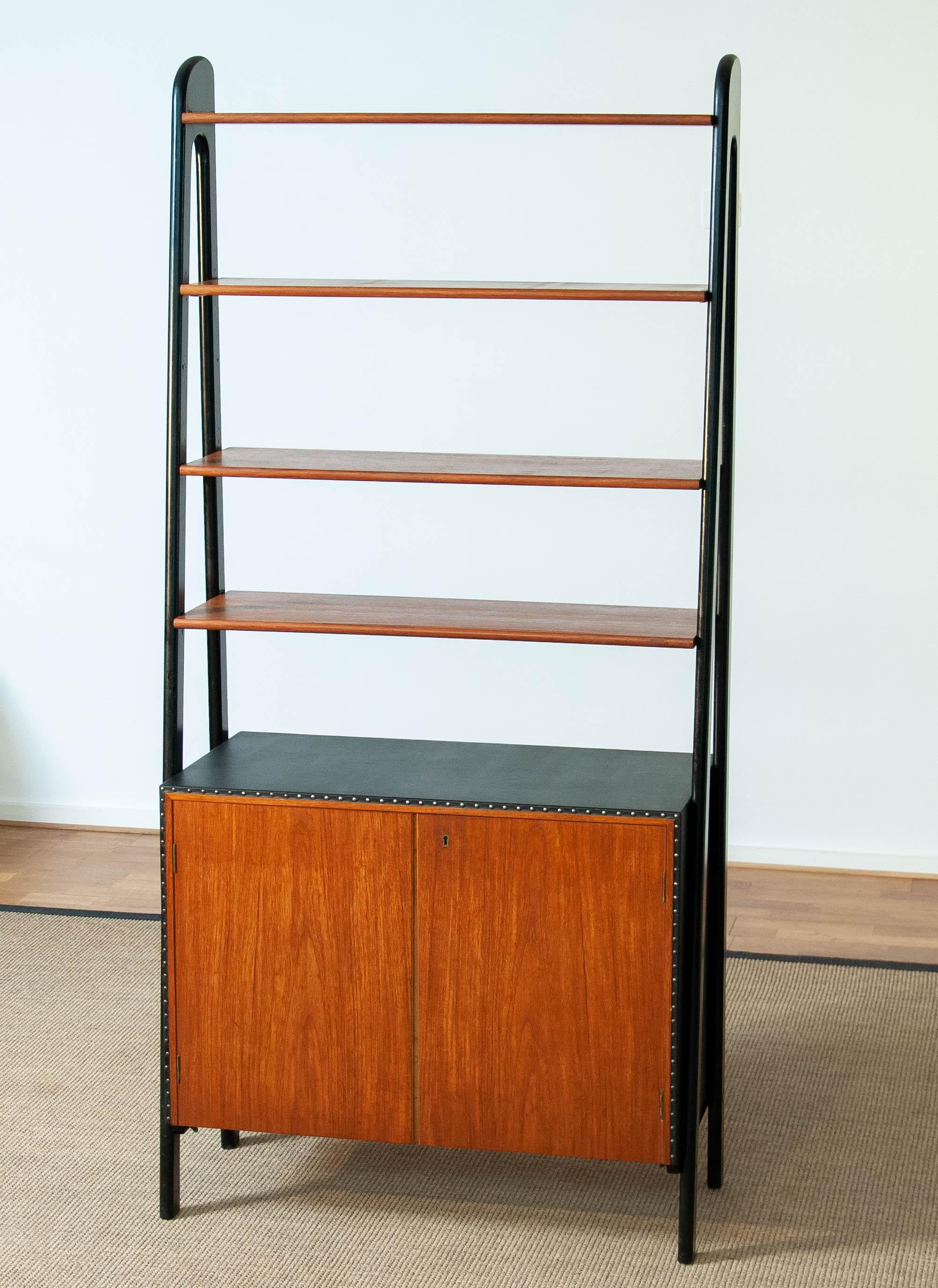 50s Teak and Nailed Black Faux Leather Bookcase and Cabinet by Bertil Fridhagen In Good Condition In Silvolde, Gelderland