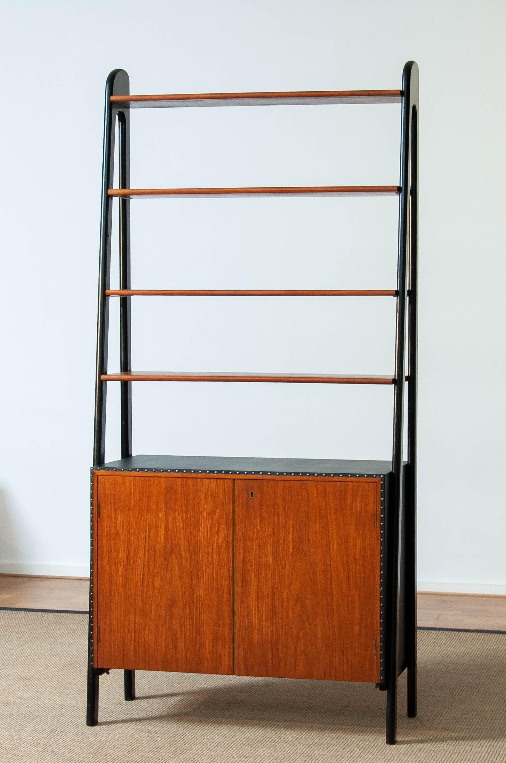 50s Teak and Nailed Black Faux Leather Bookcase and Cabinet by Bertil Fridhagen 1