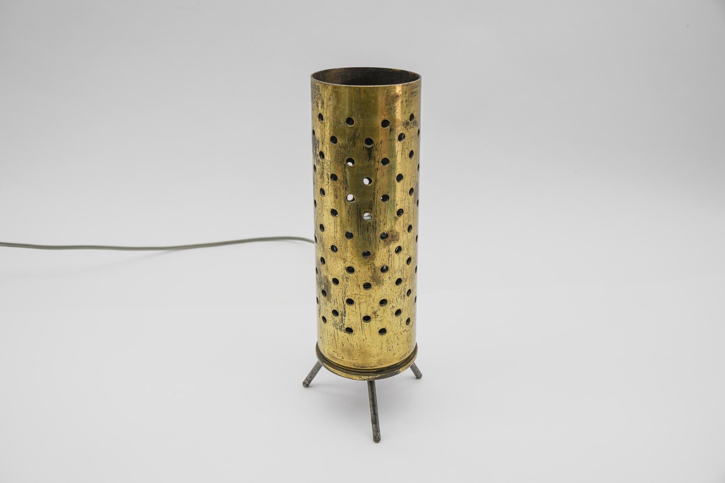 50s Tripod Table Lamp Made of Perforated Cartridge Case, Germany In Good Condition For Sale In Nürnberg, Bayern