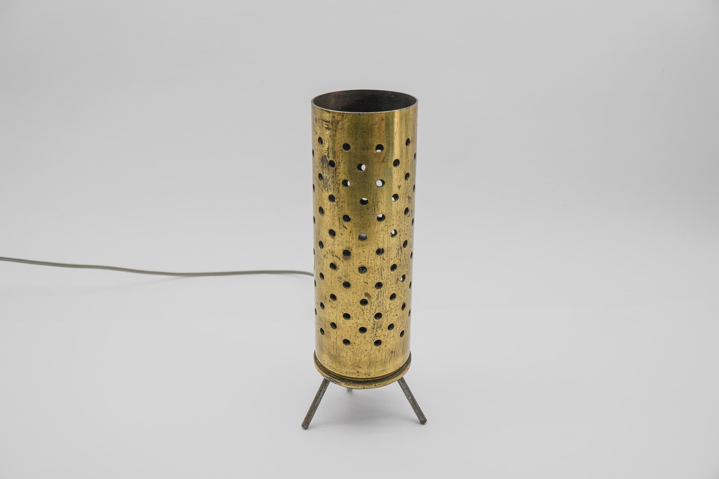 Mid-20th Century 50s Tripod Table Lamp Made of Perforated Cartridge Case, Germany For Sale
