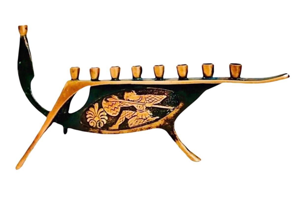 1950s Elegant, Stylized, Mid-Century Modern, Art Deco, Long, Angular Brass and Verdigris Etched, Hanukkah Menorah. 

This Very Rare, Modernist, Antique, Menorah, was created in Israel, around the time that Israel declared Statehood, in
