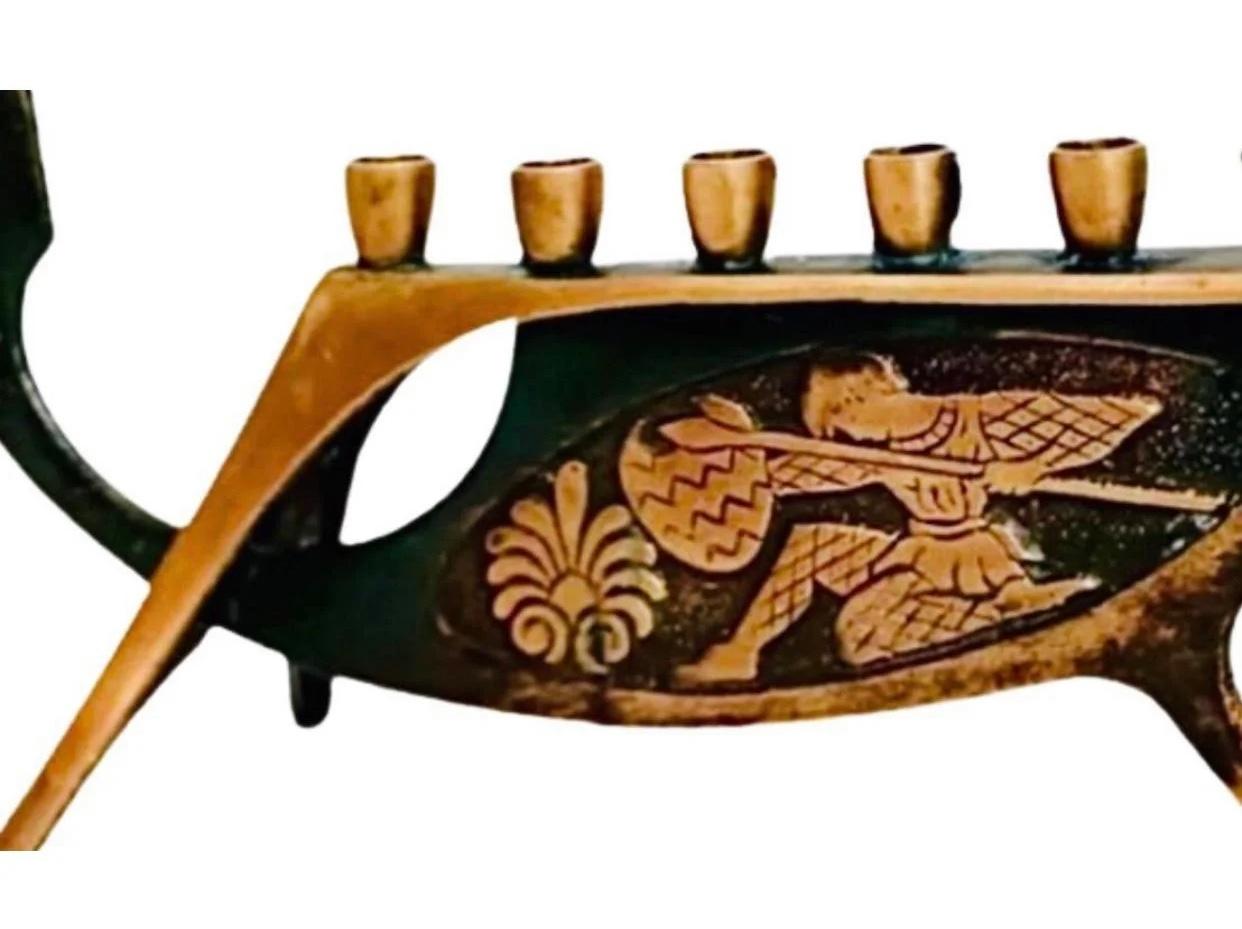 Mid-Century Modern 50s Vintage Mid Century Art Deco Angular Verdigris Brass Hanukkah Menorah Israel