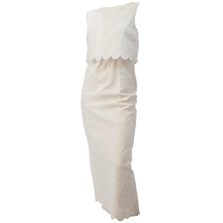 Women's 50s White Cotton Eyelet Dress with Scallop Trim