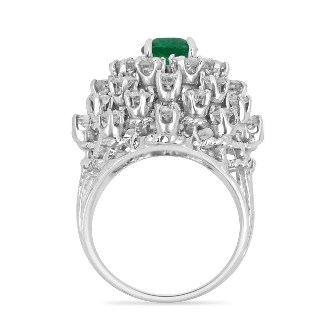 Art Nouveau AAA Colombian Emerald-Cushion & Diamond 5.0tcw Cluster Vintage Cocktail Ring 14K For Sale