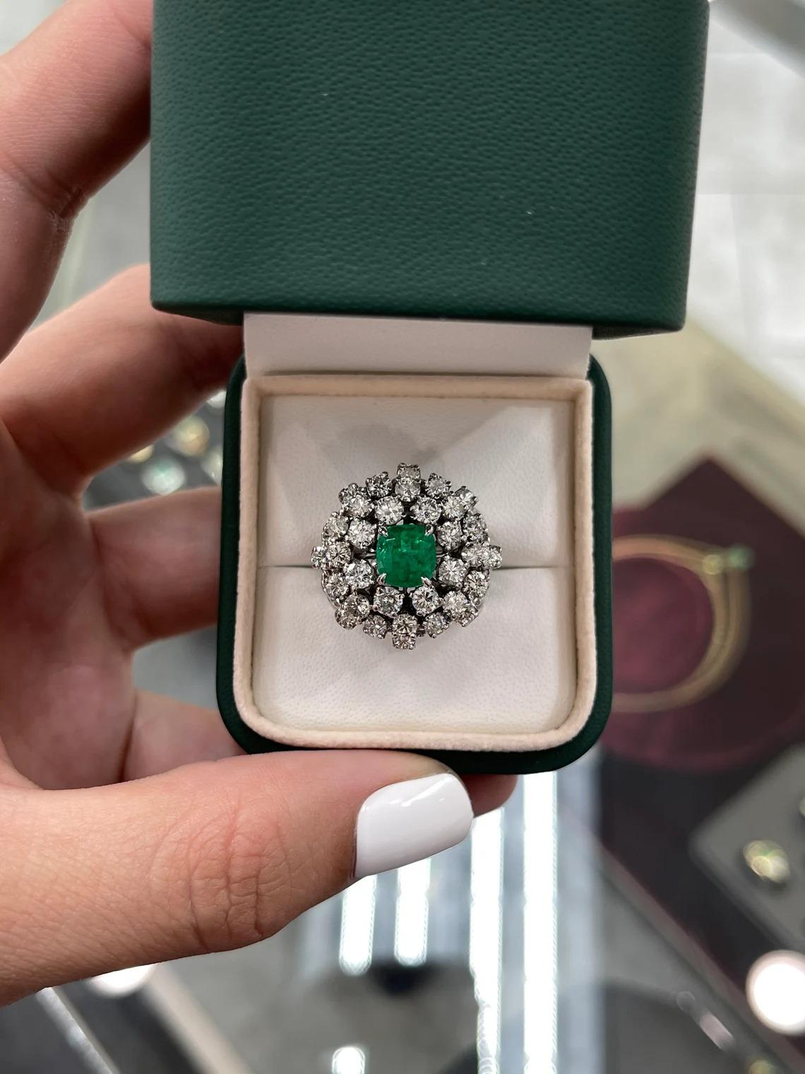 Cushion Cut AAA Colombian Emerald-Cushion & Diamond 5.0tcw Cluster Vintage Cocktail Ring 14K For Sale