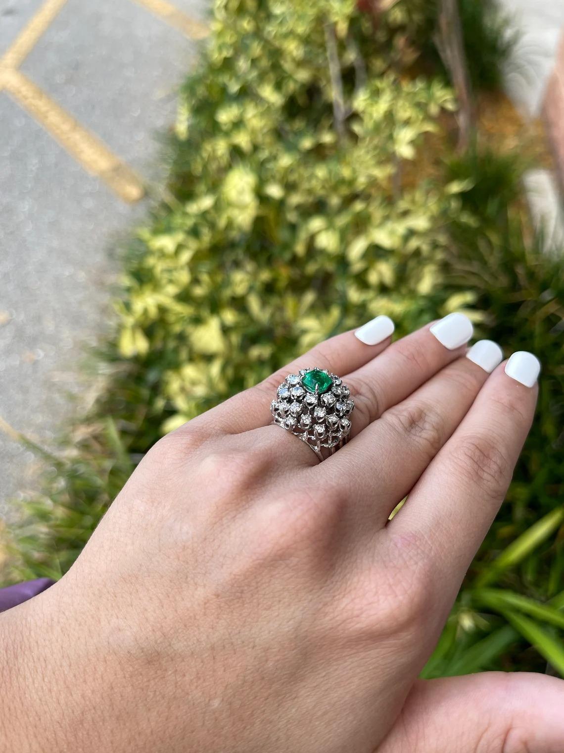 Women's AAA Colombian Emerald-Cushion & Diamond 5.0tcw Cluster Vintage Cocktail Ring 14K For Sale