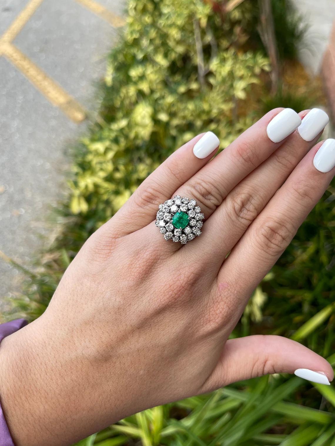 AAA Colombian Emerald-Cushion & Diamond 5.0tcw Cluster Vintage Cocktail Ring 14K For Sale 3