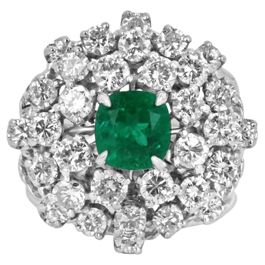 AAA Colombian Emerald-Cushion & Diamond 5.0tcw Cluster Vintage Cocktail Ring 14K For Sale