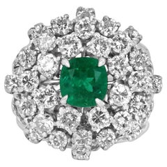 AAA Colombian Emerald-Cushion & Diamond 5.0tcw Cluster Retro Cocktail Ring 14K