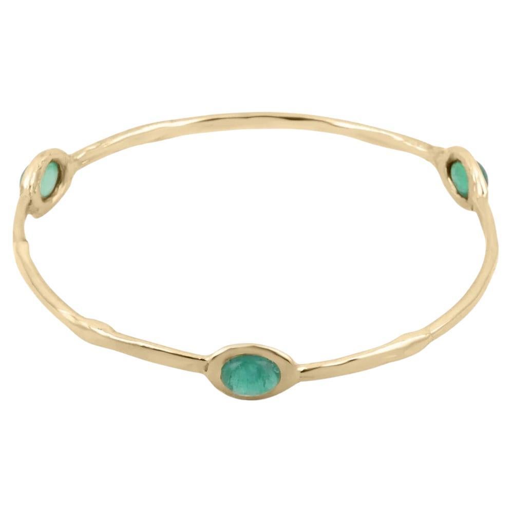 5.0tcw 14K Natural Three Stone Emerald Cabochon Solid Gold Bangle Bracelet For Sale
