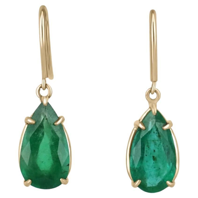 5.0tcw 18K Natural Lush Dark Green Pear 4 Prong Solitaire Dangle Hook Earrings For Sale