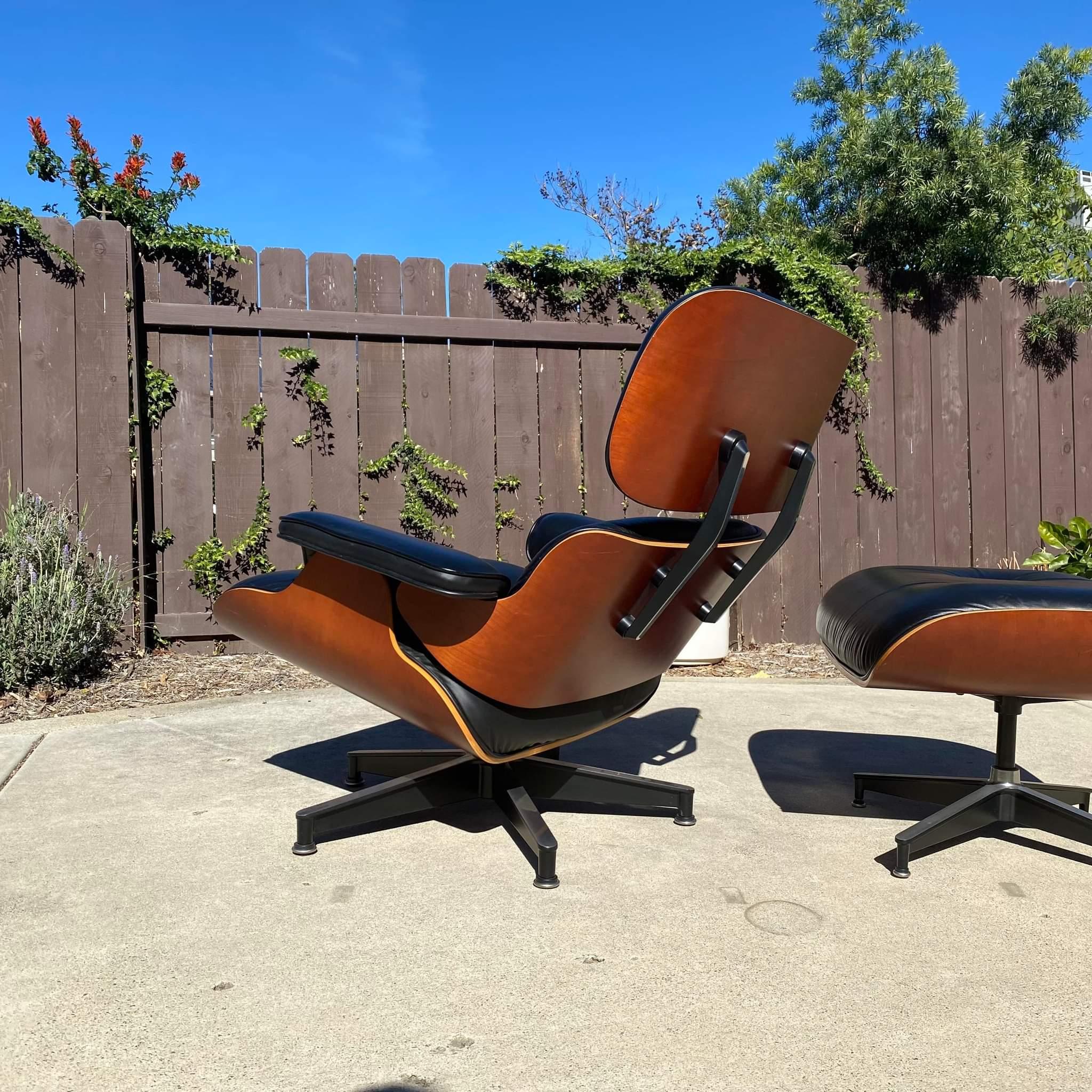 Now available is a rare collectable lounge chair and ottoman by Herman Miller. To commemorate the 50th anniversary of the design by Ray and Charles Eames, this beauty was released in 2006 with a cherry wood finish and black leather. Undoubtedly an