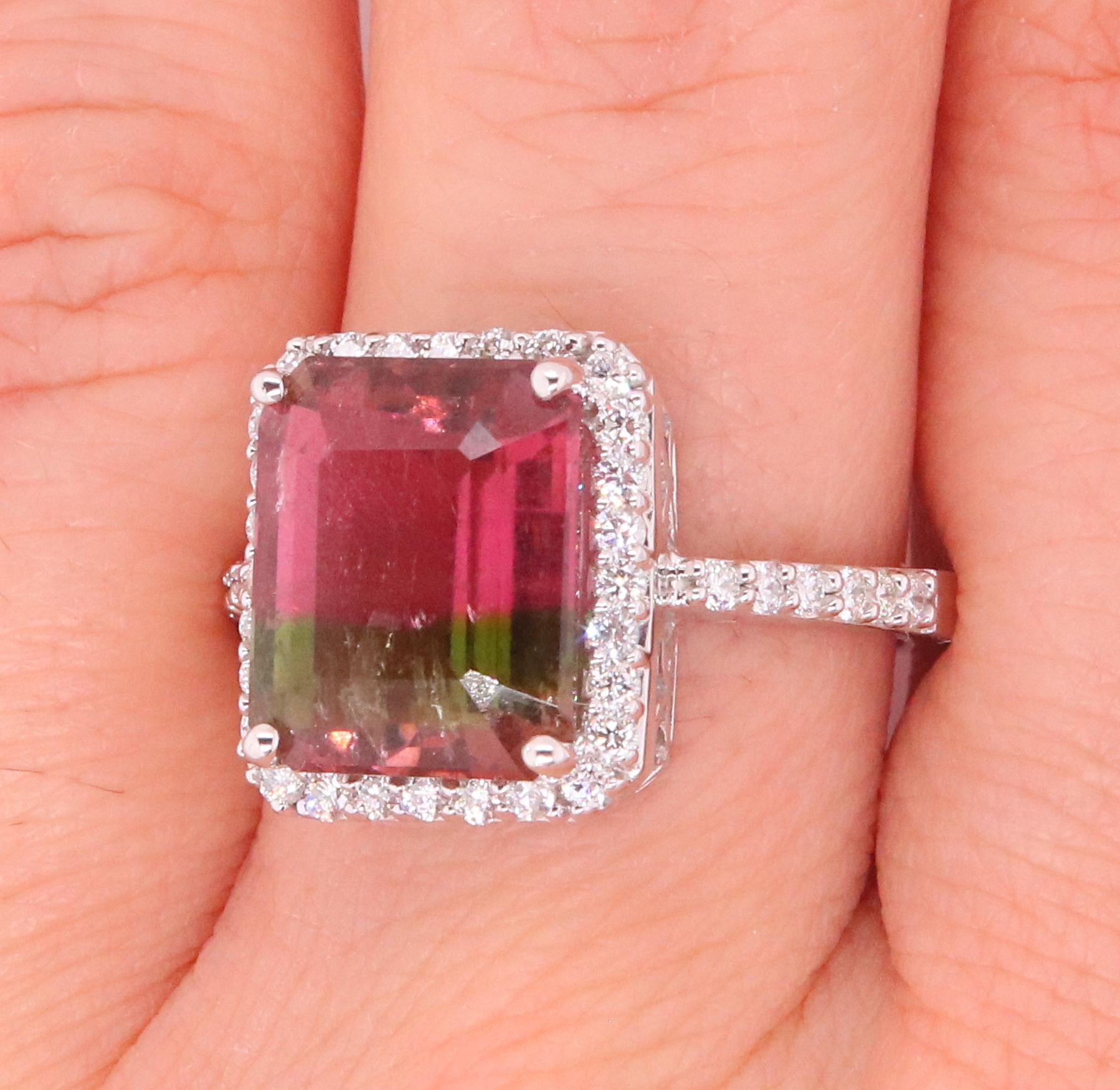 Emerald Cut 5.1 Carat Bicolored Tourmaline and Diamond Ring