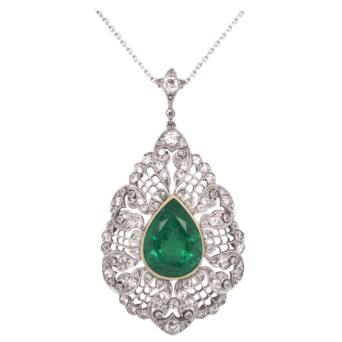 Vintage GIA Emerald and Diamond Platinum Pendant Necklace Estate Fine Jewelry