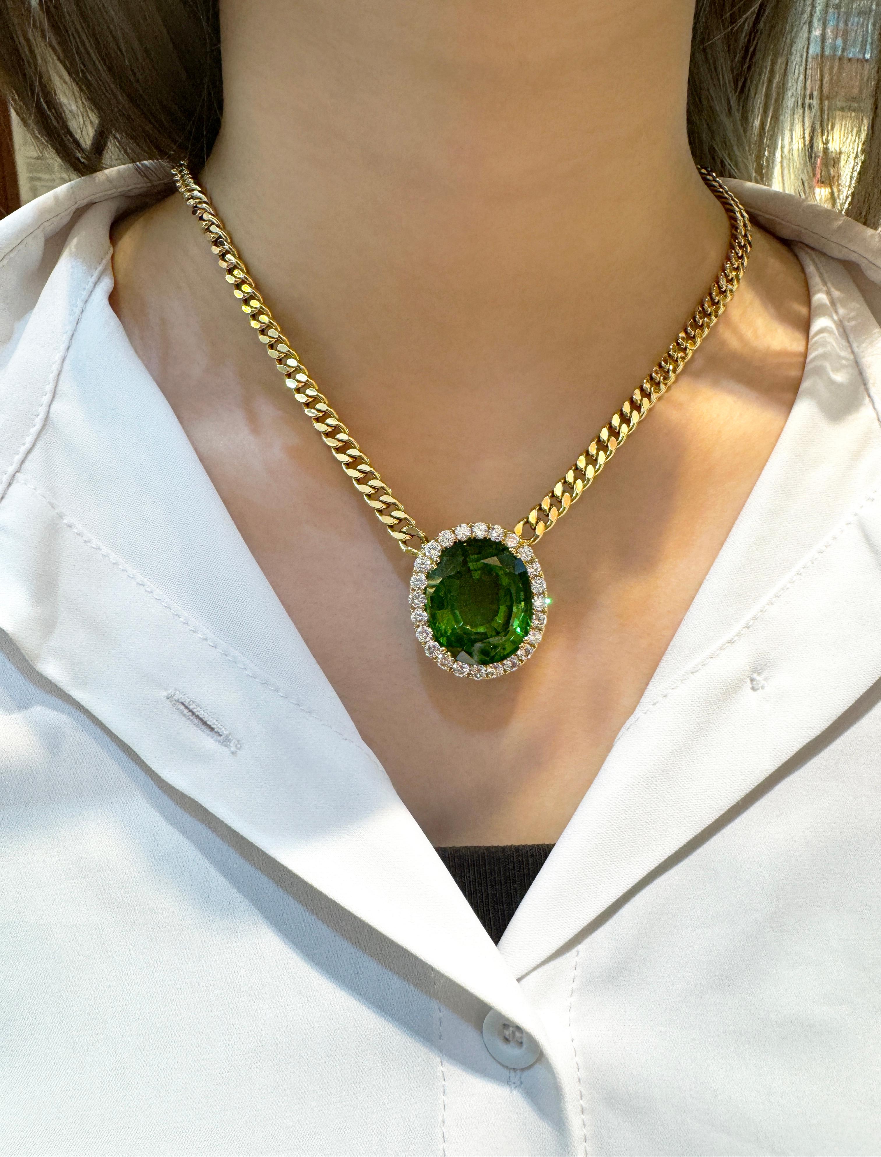 51 Carat Green Peridot Pendant with Diamond Halo in 18K Gold Cuban Chain For Sale 5