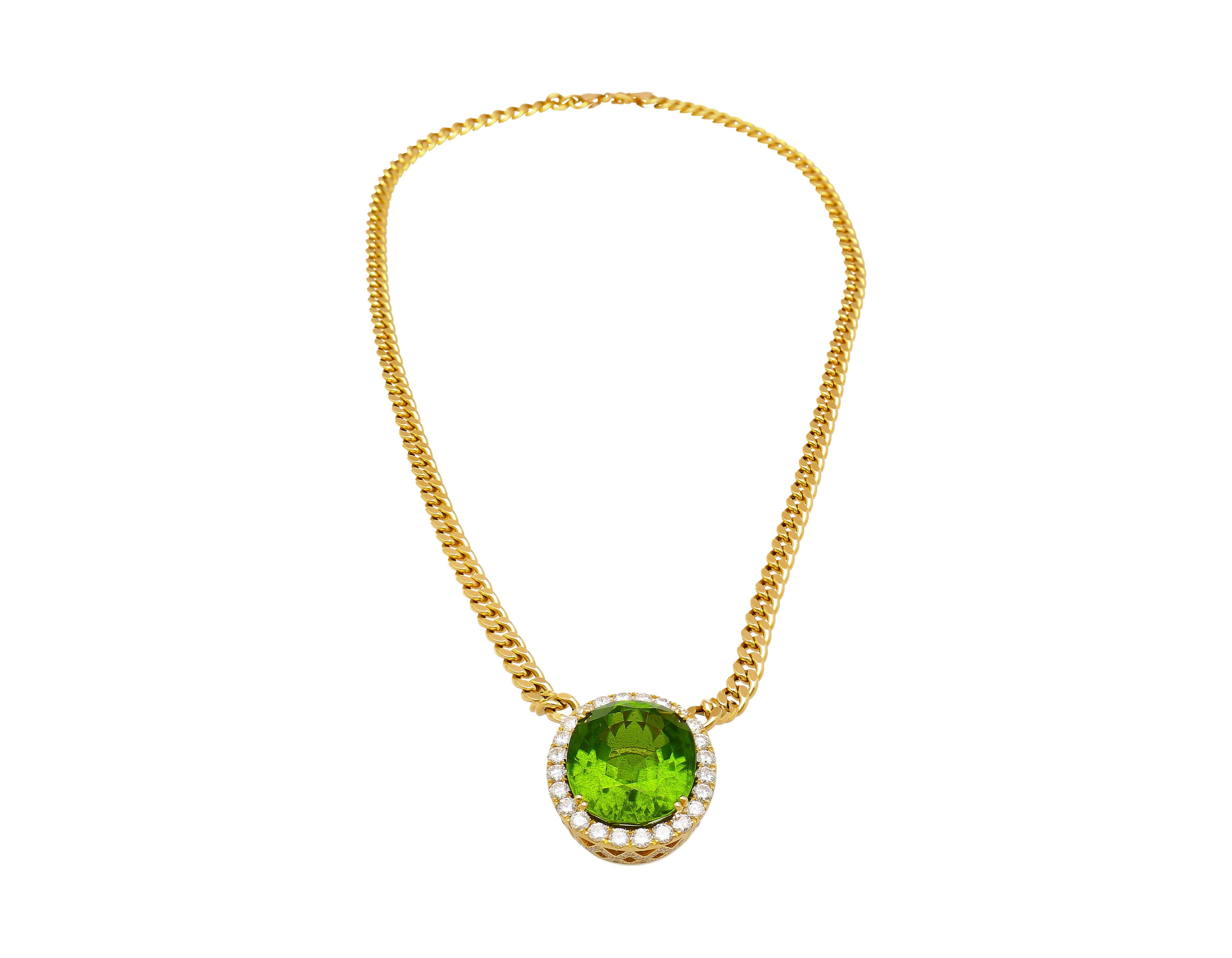 Oval Cut 51 Carat Green Peridot Pendant with Diamond Halo in 18K Gold Cuban Chain For Sale