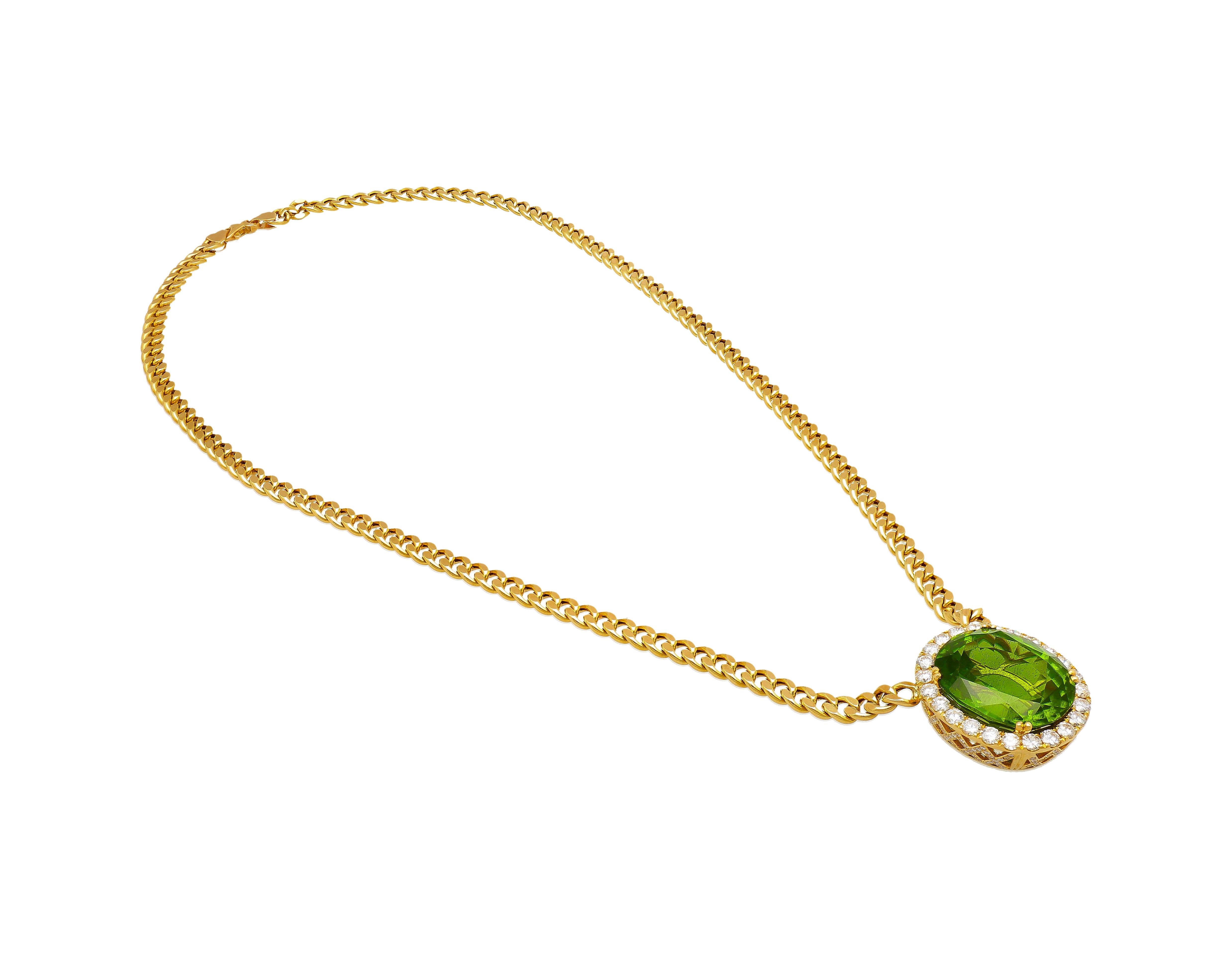 51 Carat Green Peridot Pendant with Diamond Halo in 18K Gold Cuban Chain In New Condition For Sale In Miami, FL