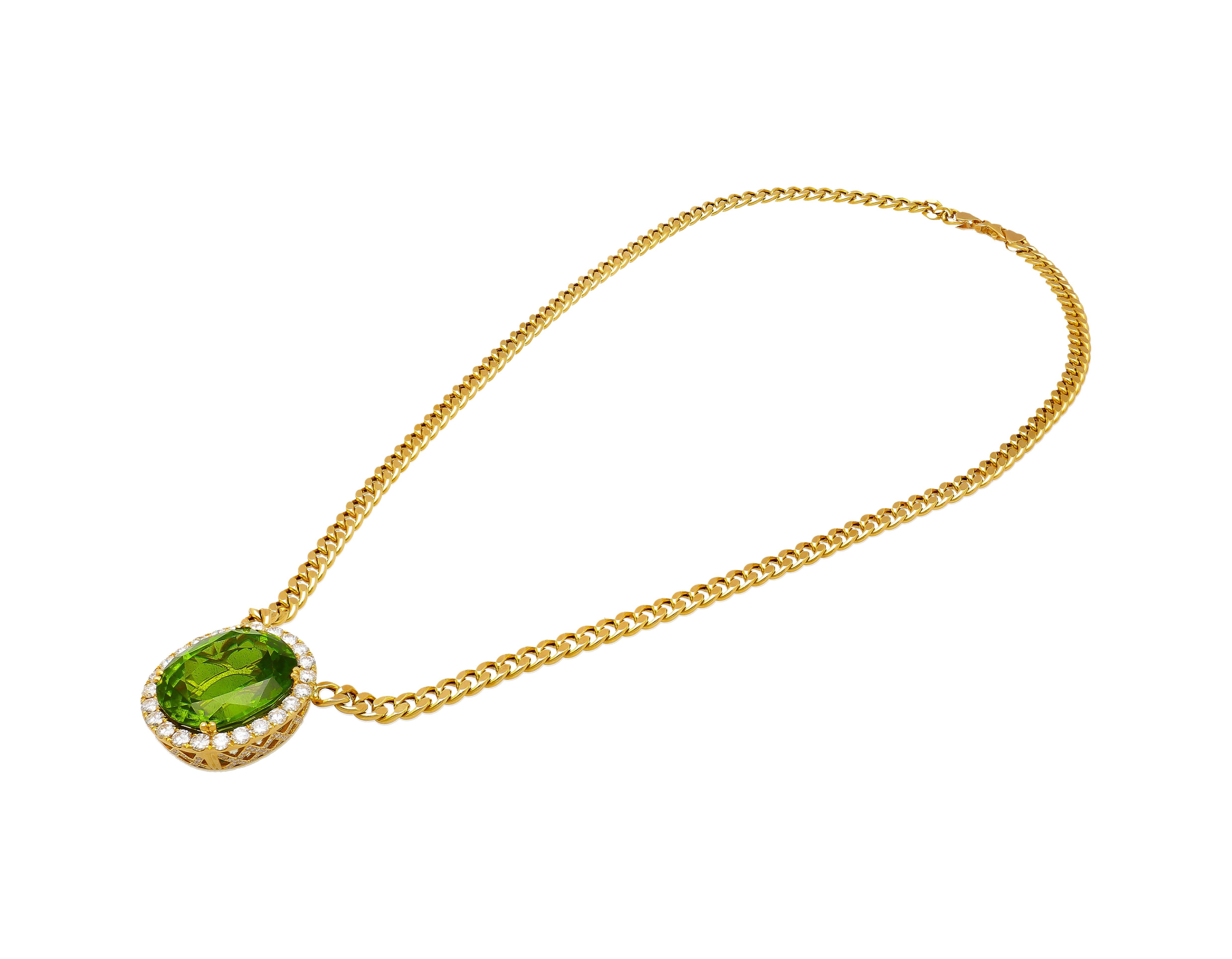 Women's 51 Carat Green Peridot Pendant with Diamond Halo in 18K Gold Cuban Chain For Sale