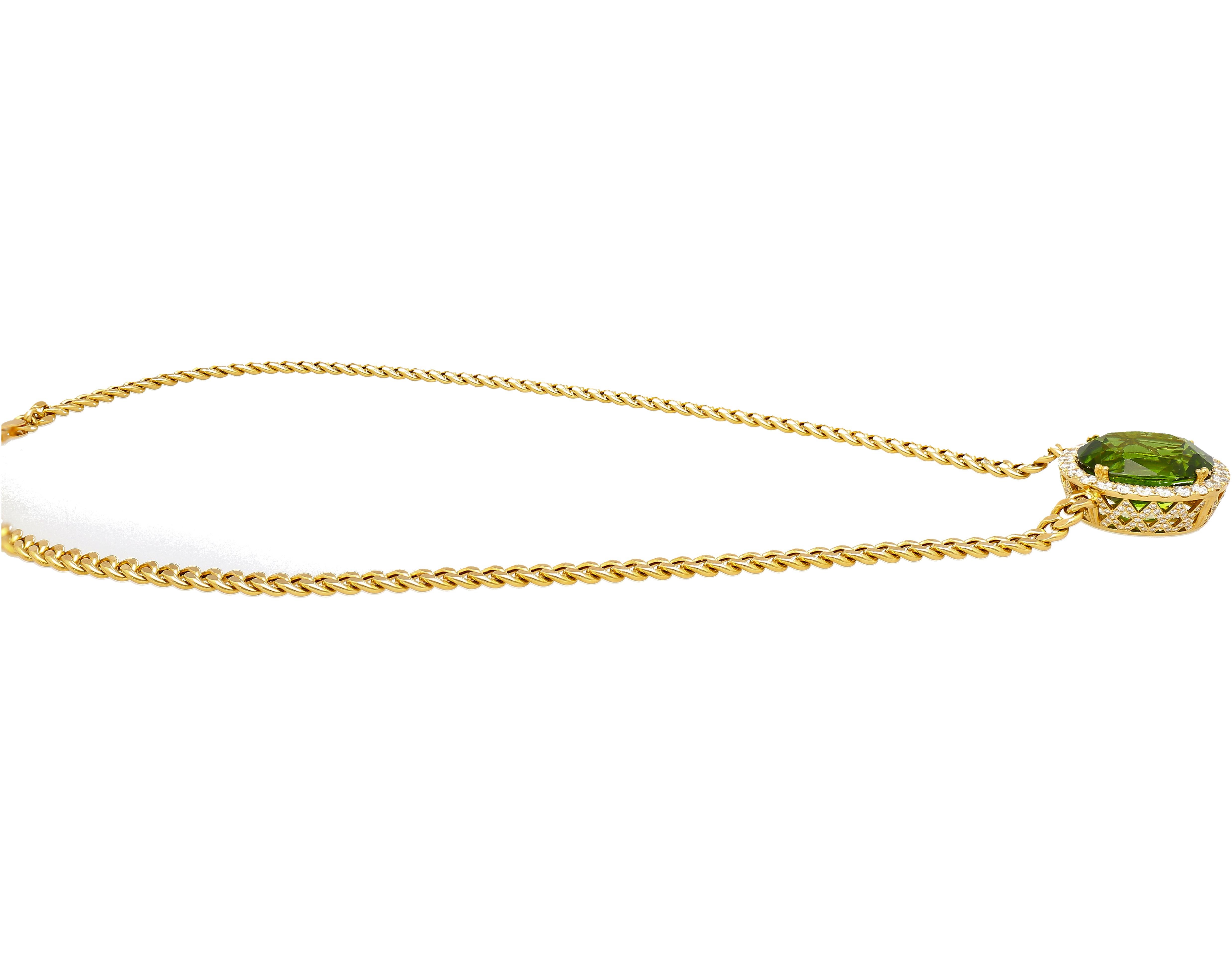 51 Carat Green Peridot Pendant with Diamond Halo in 18K Gold Cuban Chain For Sale 1