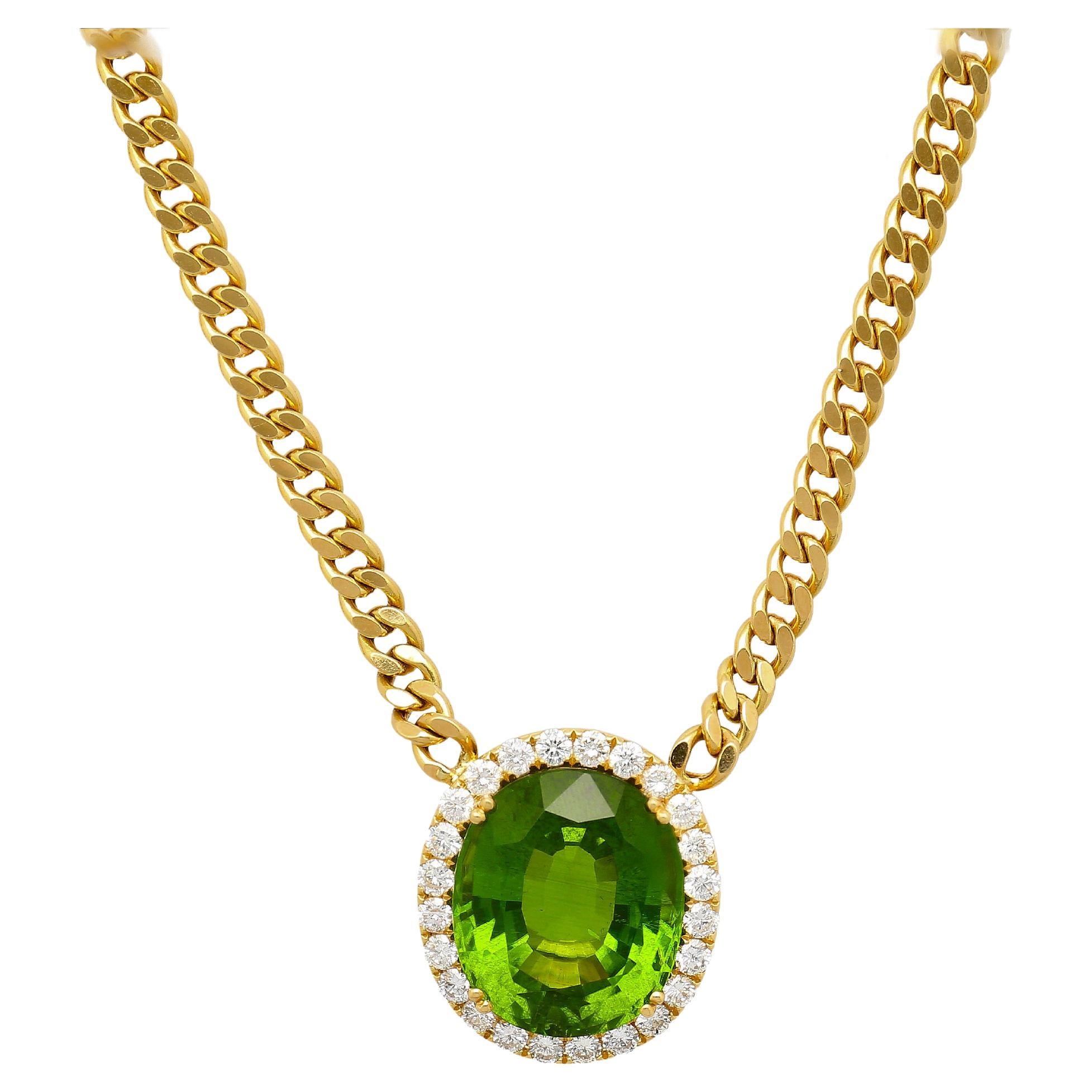 51 Carat Green Peridot Pendant with Diamond Halo in 18K Gold Cuban Chain For Sale