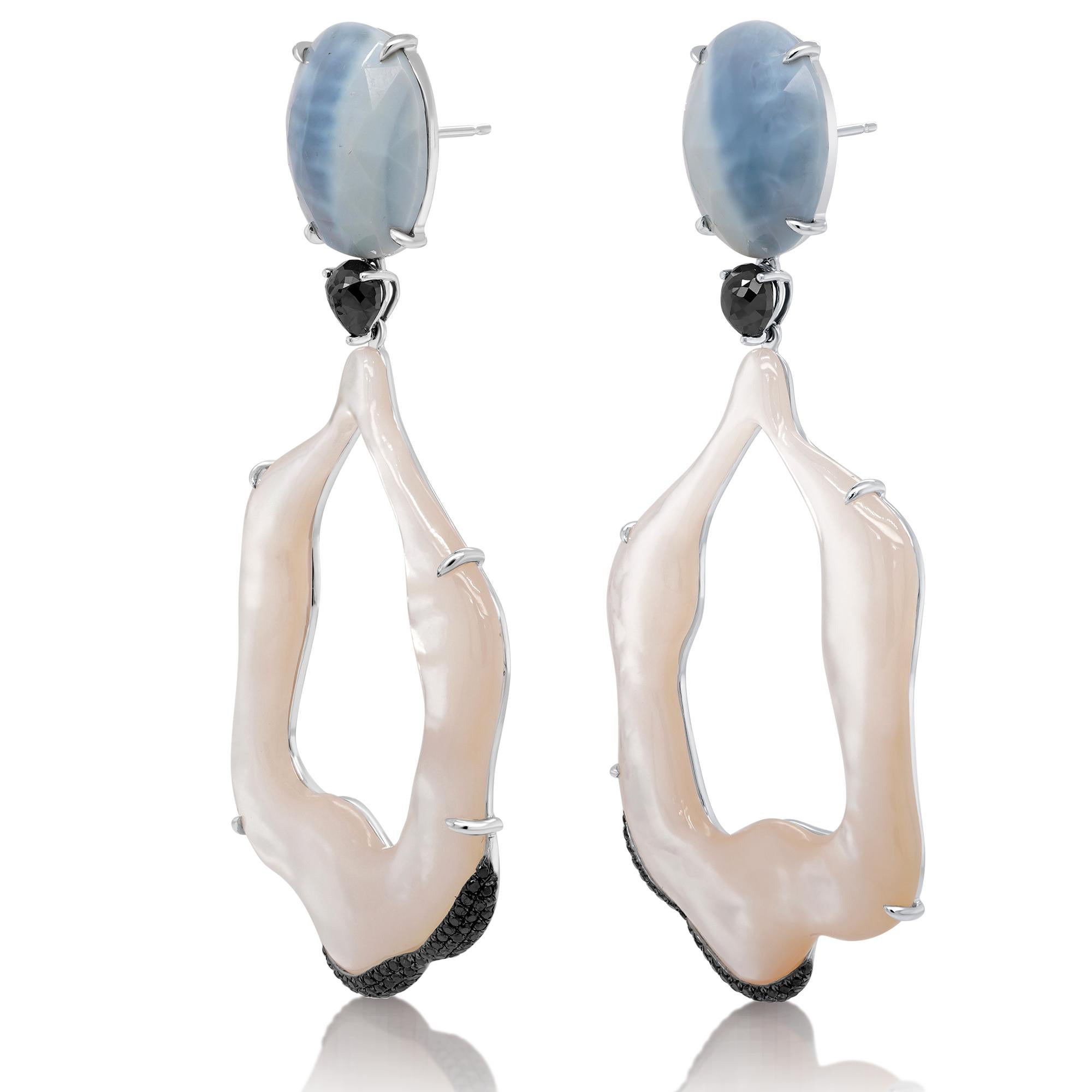 Oval Cut 51 Carat Mother Of Pearl 12 Carat Sapphire 18K Chandelier Earring  For Sale