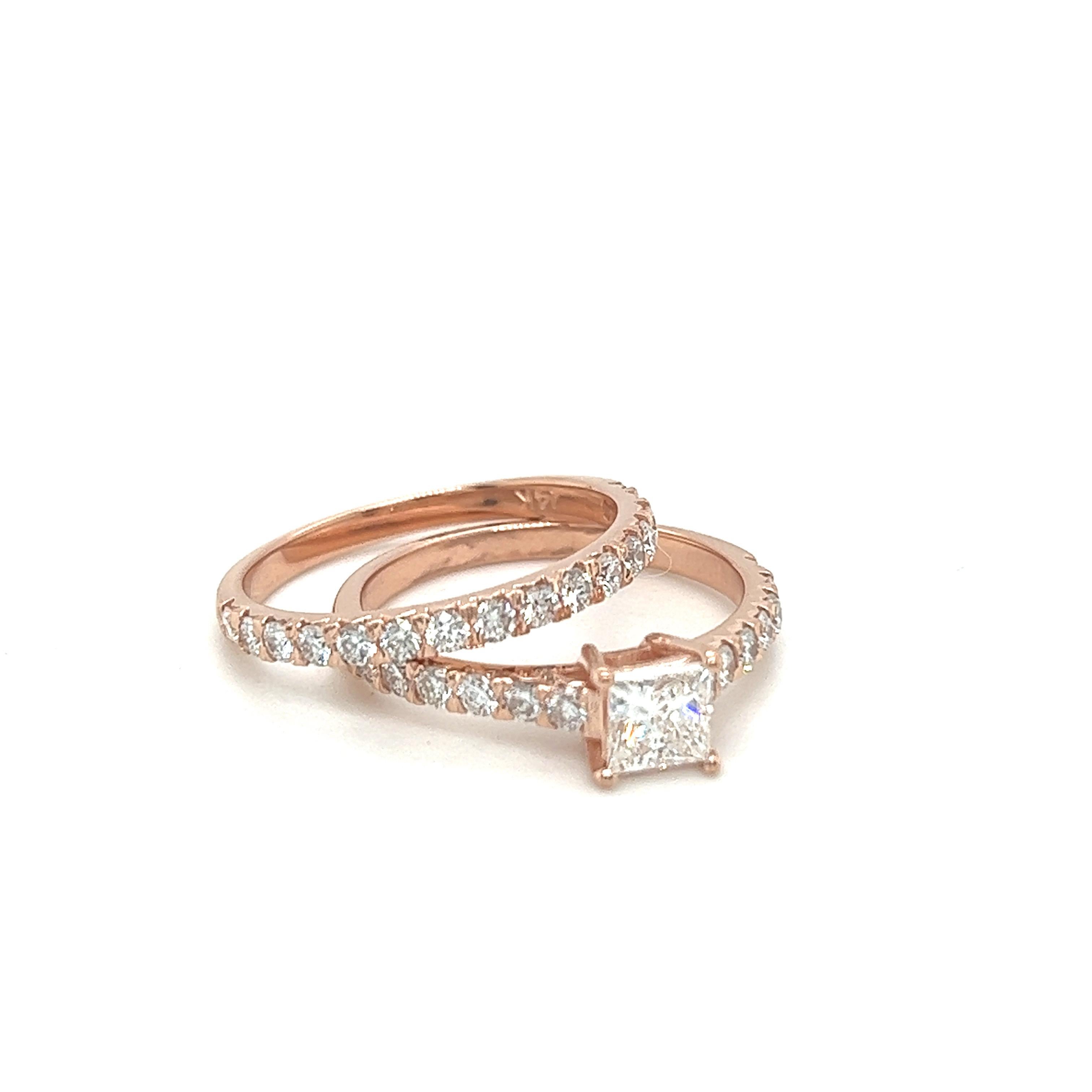 Princess Cut .51 Carat Natural Diamond Engagement Ring and Diamond Band Rose Gold For Sale