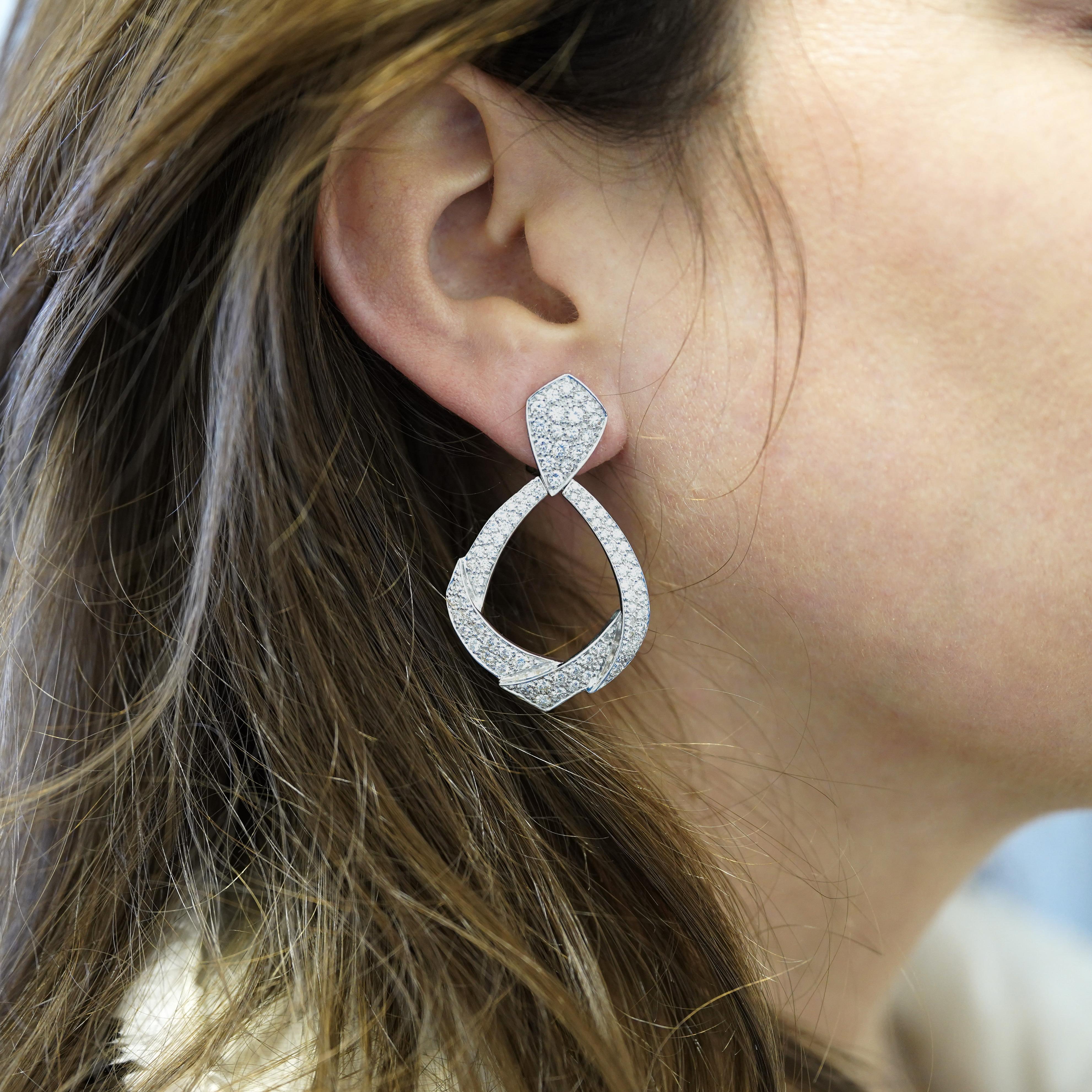 Modern 5.1 Carat Pave Diamond 14K White Gold Open Clip-On Drop Earrings For Sale