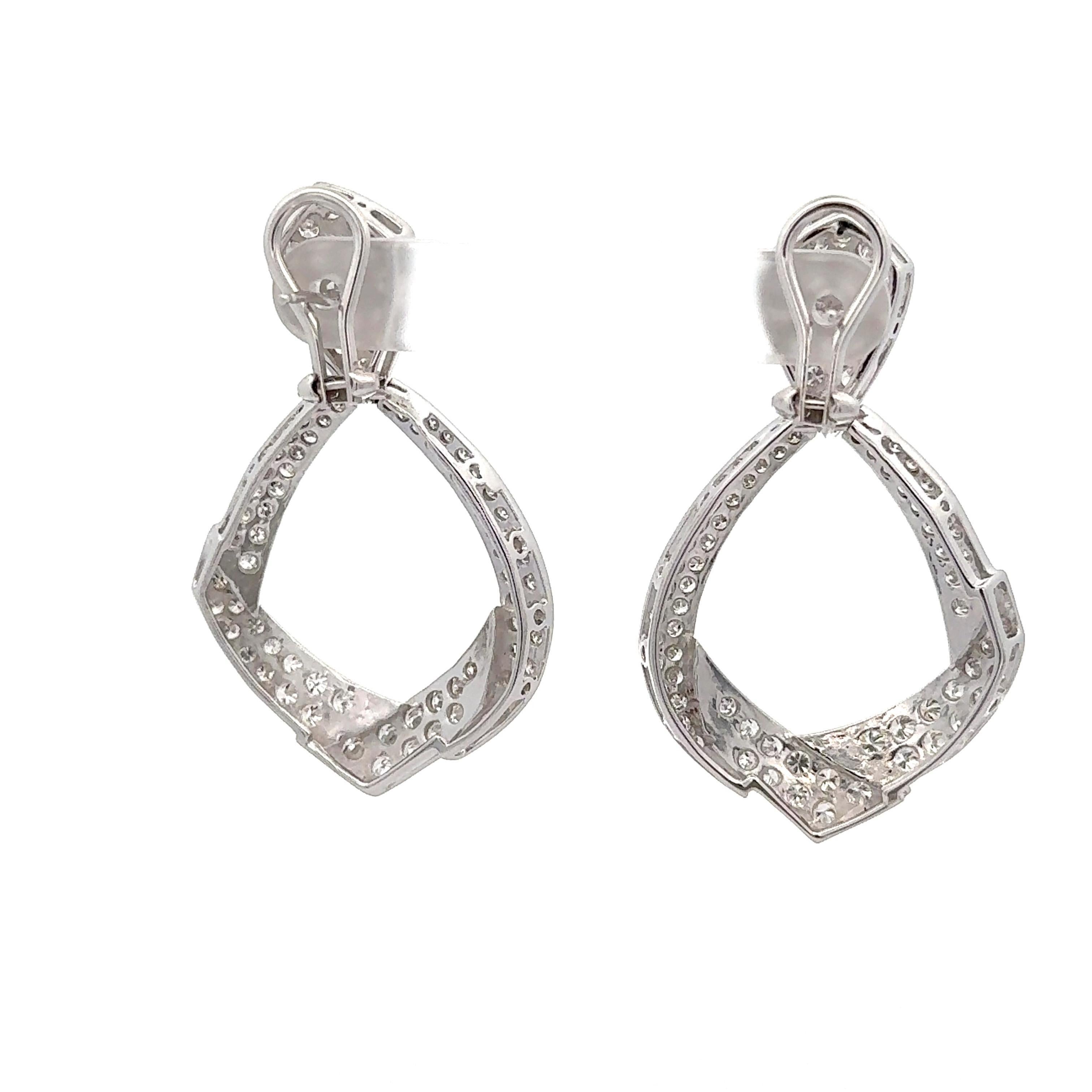 Round Cut 5.1 Carat Pave Diamond 14K White Gold Open Clip-On Drop Earrings For Sale