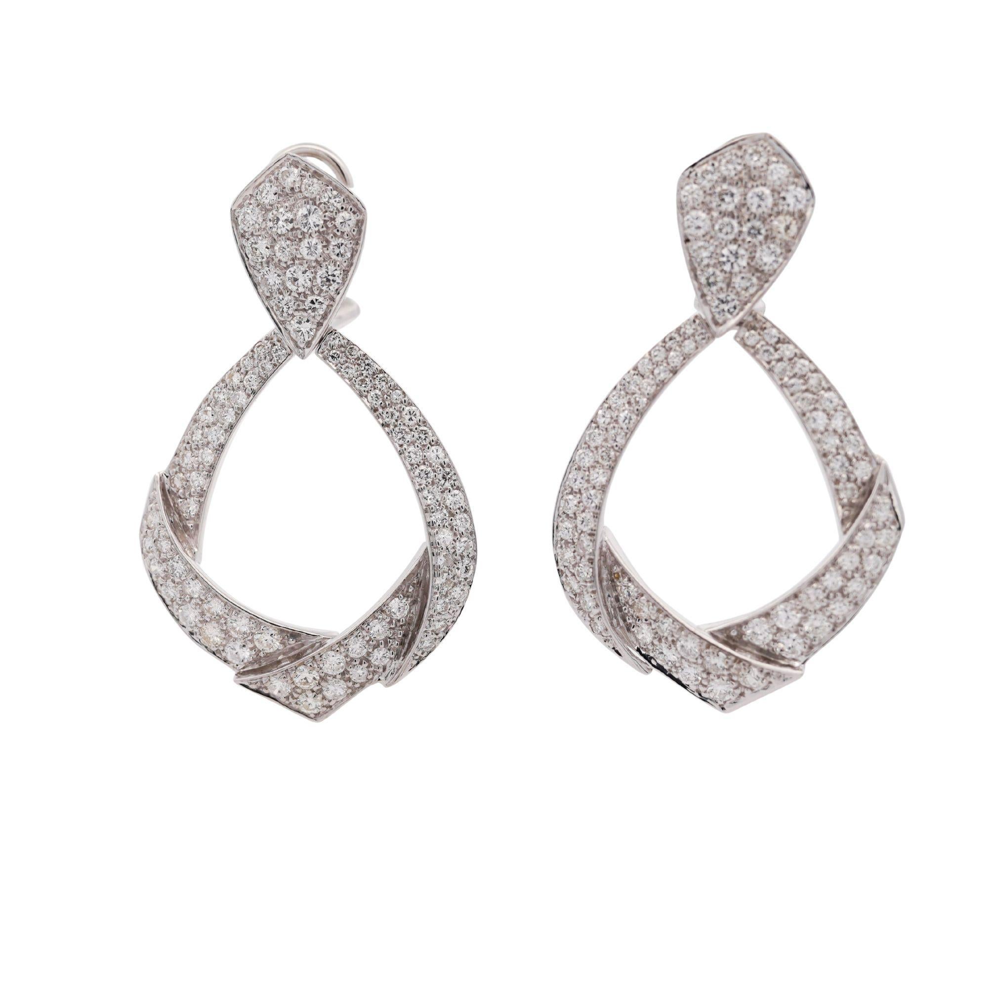 5.1 Carat Pave Diamond 14K White Gold Open Clip-On Drop Earrings In New Condition For Sale In Miami, FL