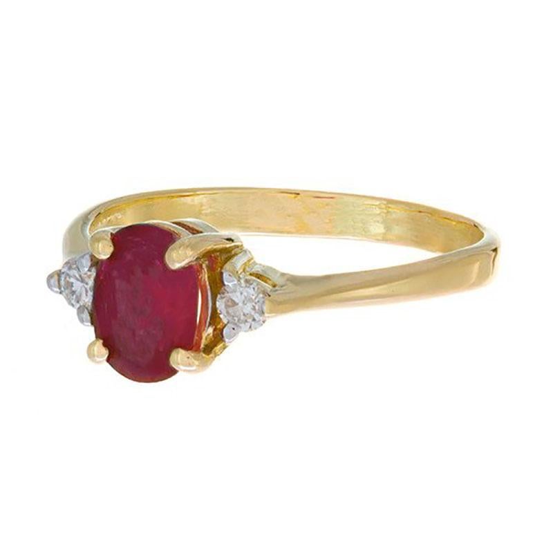 Oval Cut .51 Carat Ruby Diamond Yellow Gold Three-Stone Engagement Ring For Sale