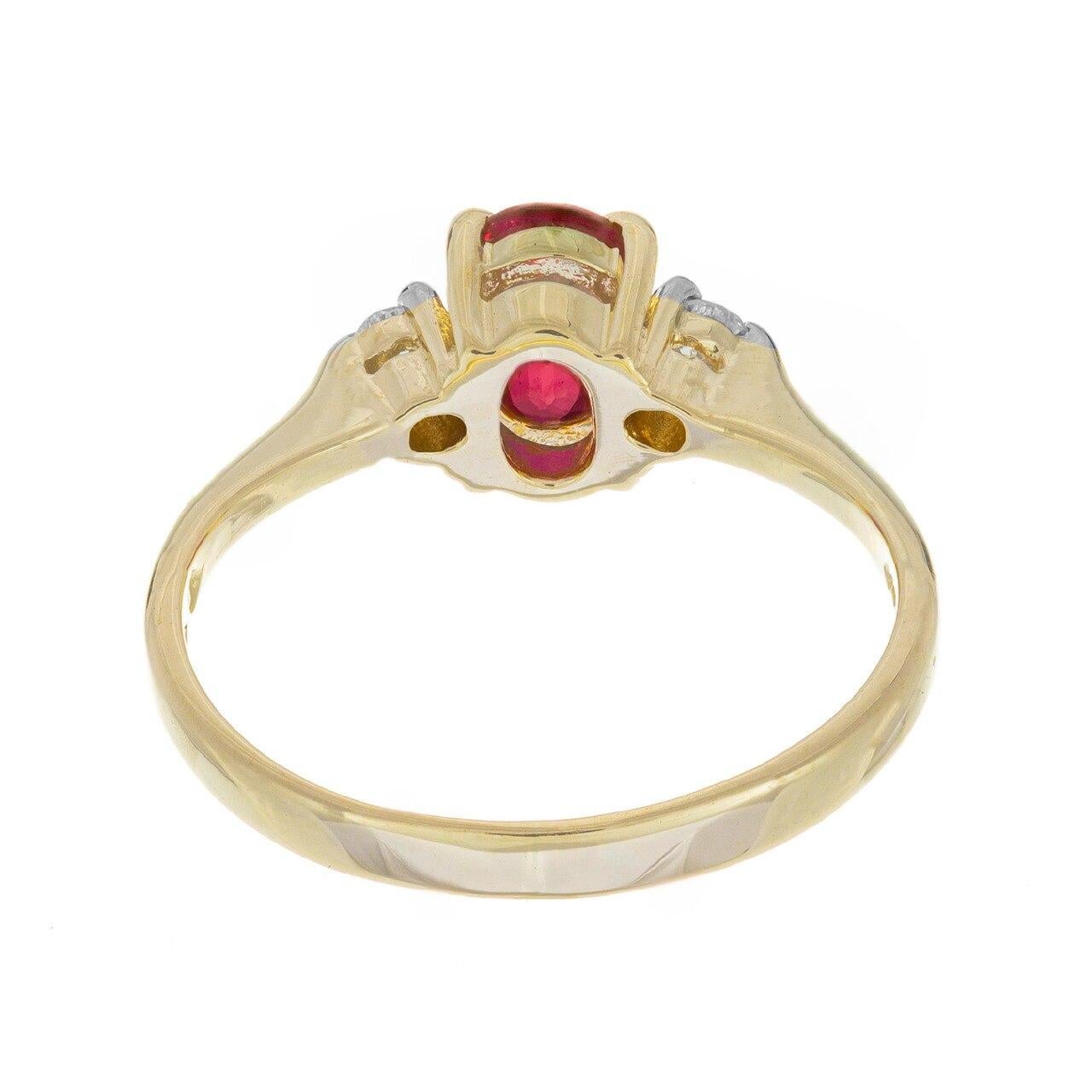 Women's .51 Carat Ruby Diamond Yellow Gold Three-Stone Engagement Ring For Sale