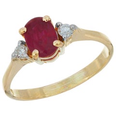 Retro .51 Carat Ruby Diamond Yellow Gold Three-Stone Engagement Ring